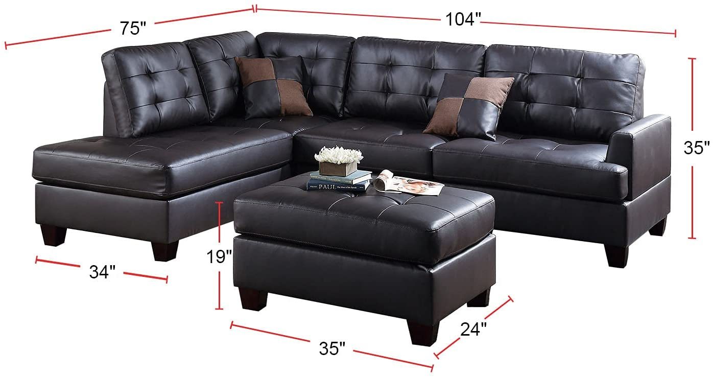 Contemporary Sectional Sofa Espresso Faux Leather Cushion Tufted Reversible 3Pc Sectional Sofa L R Chaise Ottoman Living Room Furniture Espresso Faux Leather Wood Primary Living Space Cushion Back Contemporary,Modern L Shaped Square Arms Bonded Leather 5