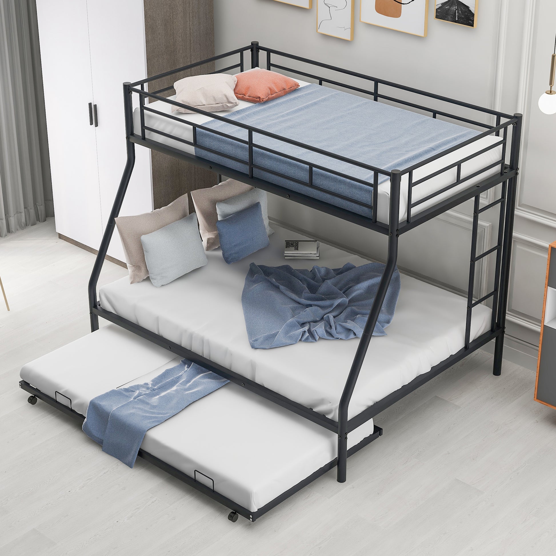 Twin Over Full Bed With Sturdy Steel Frame, Bunk Bed With Twin Size Trundle, Two Side Ladders, Black Old Sku:Mf194424Aab Black Metal