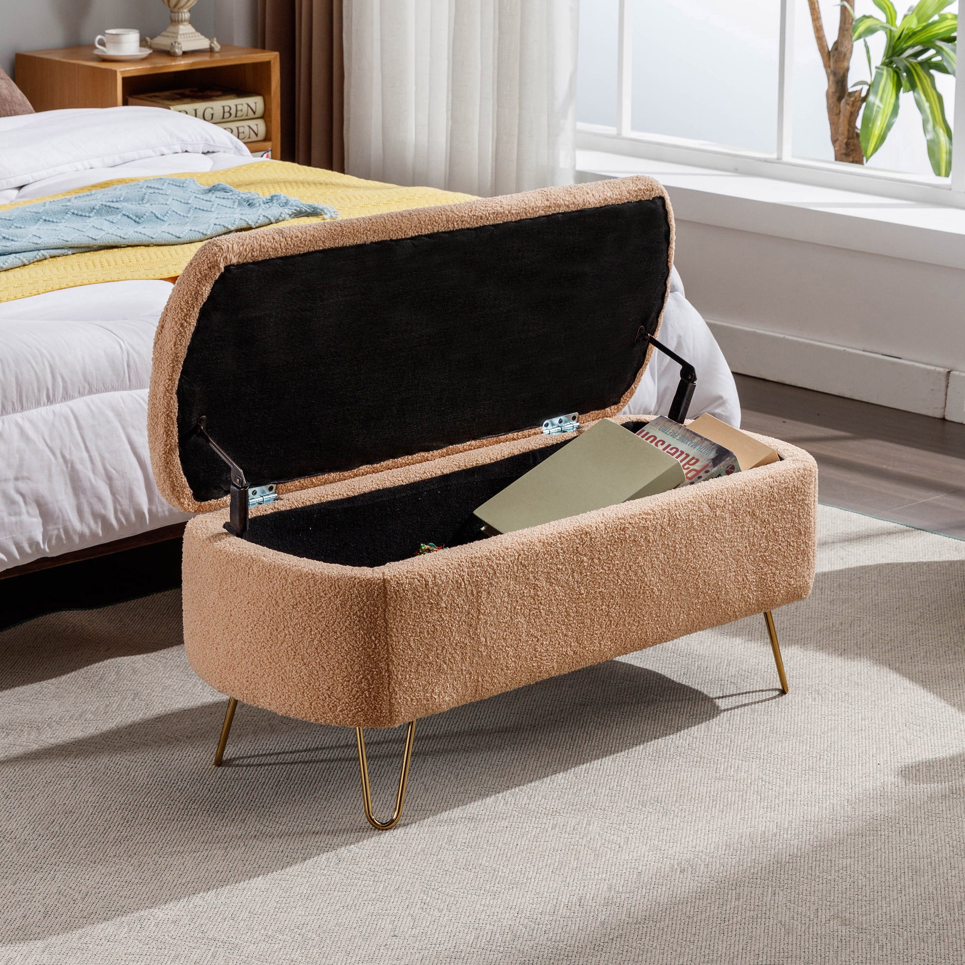 Camel Storage Ottoman Bench For End Of Bed Gold Legs, Modern Camel Faux Fur Entryway Bench Upholstered Padded With Storage For Living Room Bedroom Camel Faux Fur