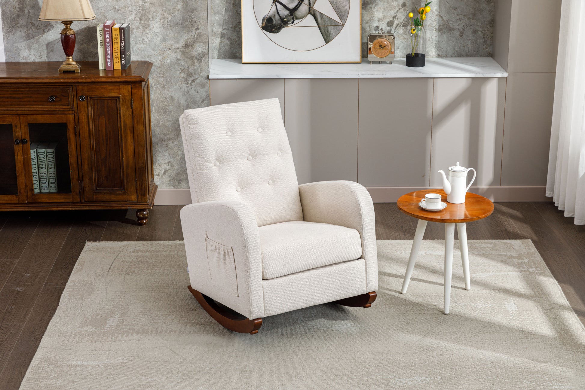 High Back Rocking Chair Nursery Chair .Comfortable Rocker Fabric Padded Seat .Modern High Back Armchair Beige Polyester