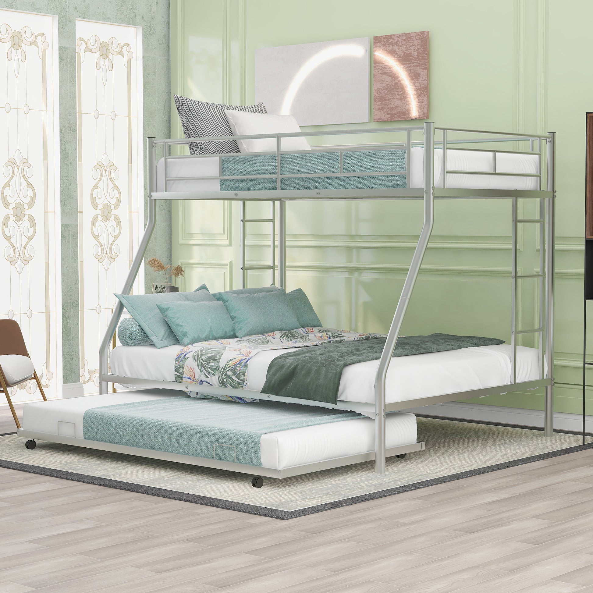 Twin Over Full Bed With Sturdy Steel Frame, Bunk Bed With Twin Size Trundle, Two Side Ladders, Silver Old Sku:Mf194424Aan Silver Metal