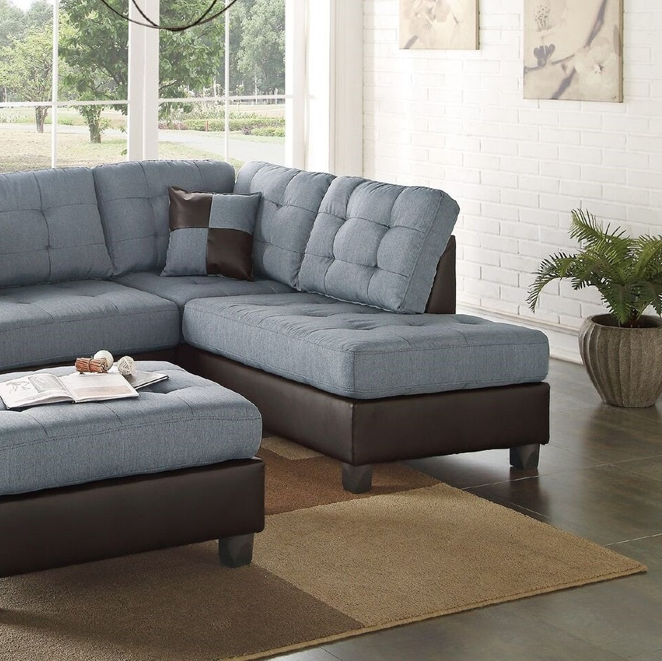 Contemporary Sectional Sofa Grey Polyfiber Linen Like Fabric Cushion Tufted Reversible 3Pc Sectional Sofa L R Chaise Ottoman Living Room Furniture Pillows Grey Primary Living Space Cushion Back Contemporary,Modern L Shaped Square Arms Fabric 5 Seat