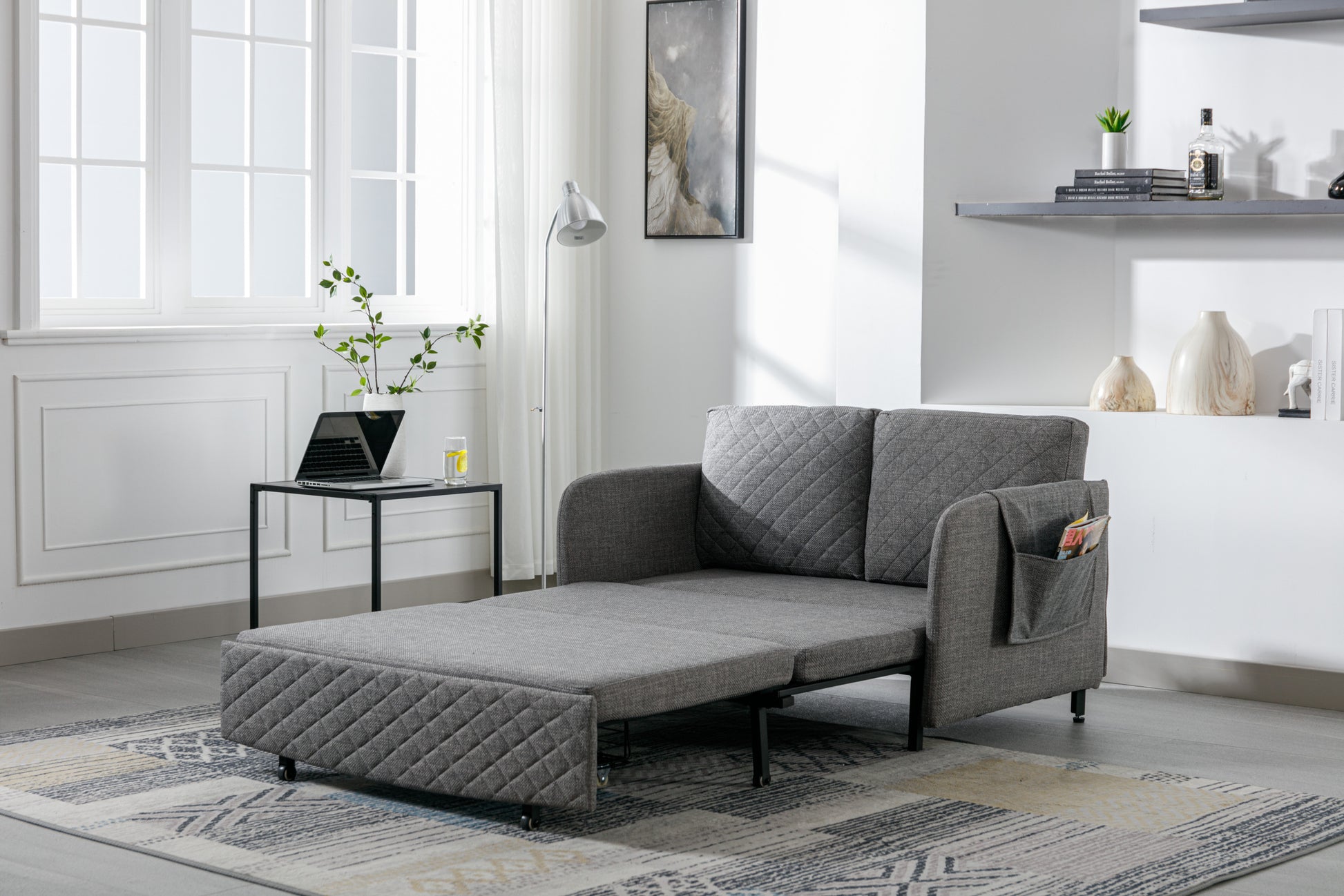 Coolmore Convertible Sleeper Sofa Bed, Modern Velvet Loveseat Couch With Pull Out Bed, Small Beautiful Seat Futon Sofa Bed With Headboard, 2 Pillows & Side Pockets For Living Room Light Grey Linen