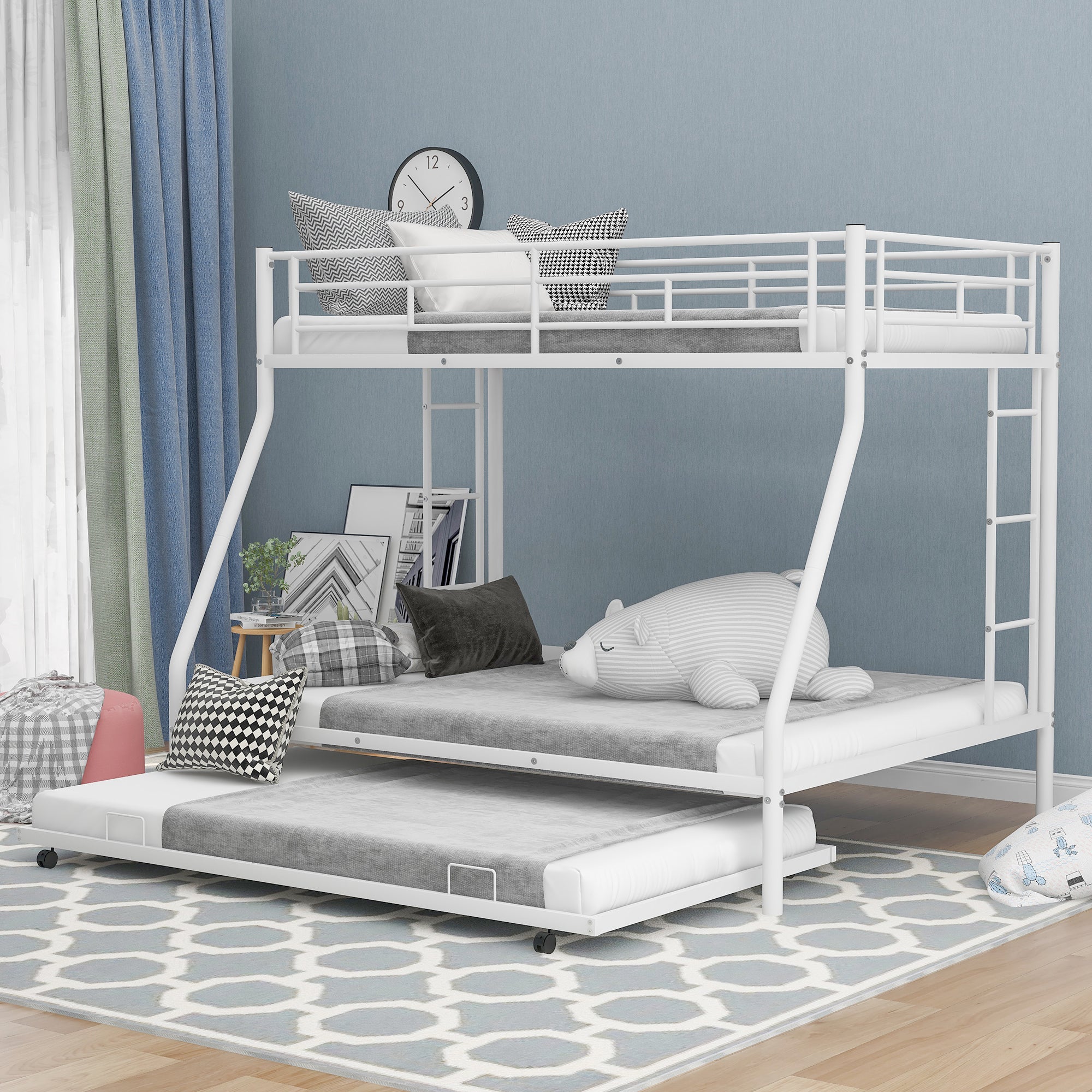 Twin Over Full Bed With Sturdy Steel Frame, Bunk Bed With Twin Size Trundle, Two Side Ladders, White Old Sku:Mf194424Aak White Metal