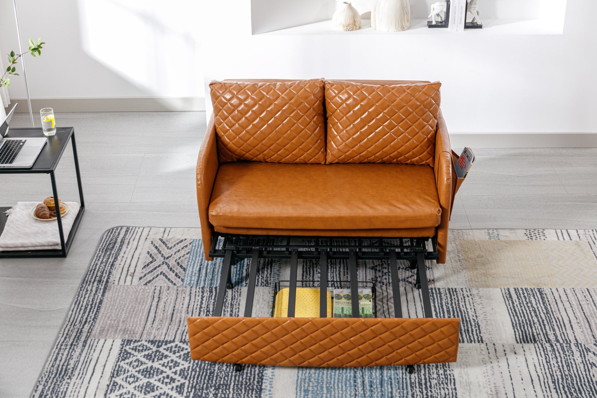 Coolmore Convertible Sleeper Sofa Bed, Modern Velvet Loveseat Couch With Pull Out Bed, Small Beautiful Seat Futon Sofa Bed With Headboard, 2 Pillows & Side Pockets For Living Room Brown Pu