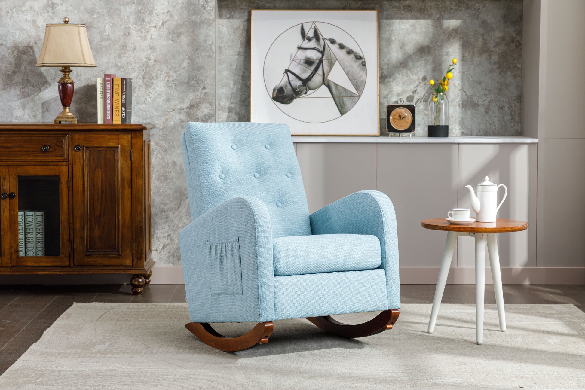 High Back Rocking Chair Nursery Chair .Comfortable Rocker Fabric Padded Seat .Modern High Back Armchair Light Blue Polyester