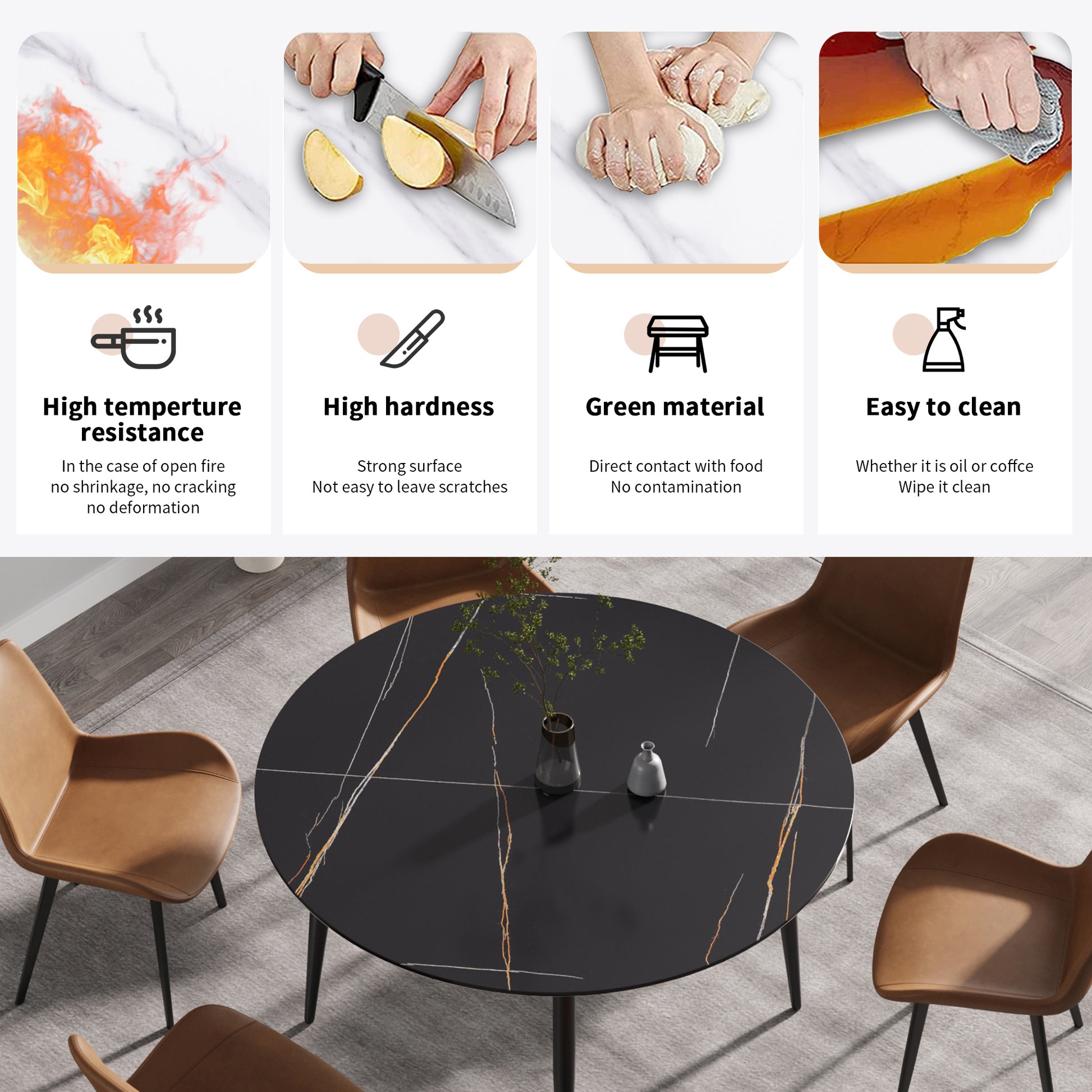 53.15 " Modern Artificial Stone Black Round Dining Table With Black Metal Legs Can Accommodate 6 People. Black Metal Sintered Stone
