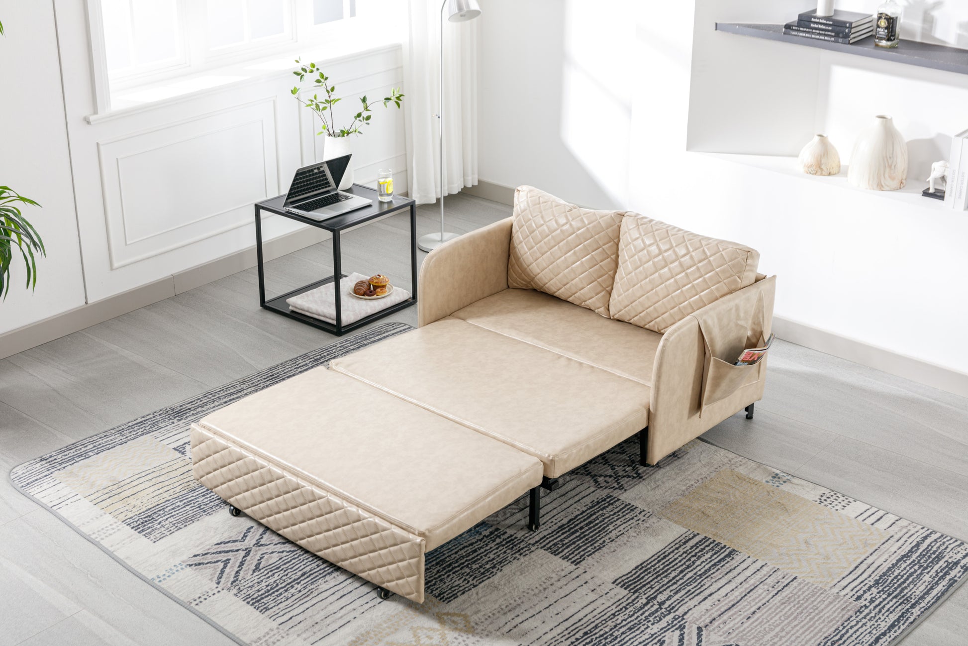 Coolmore Convertible Sleeper Sofa Bed, Modern Velvet Loveseat Couch With Pull Out Bed, Small Beautiful Seat Futon Sofa Bed With Headboard, 2 Pillows & Side Pockets For Living Room Camel Pu