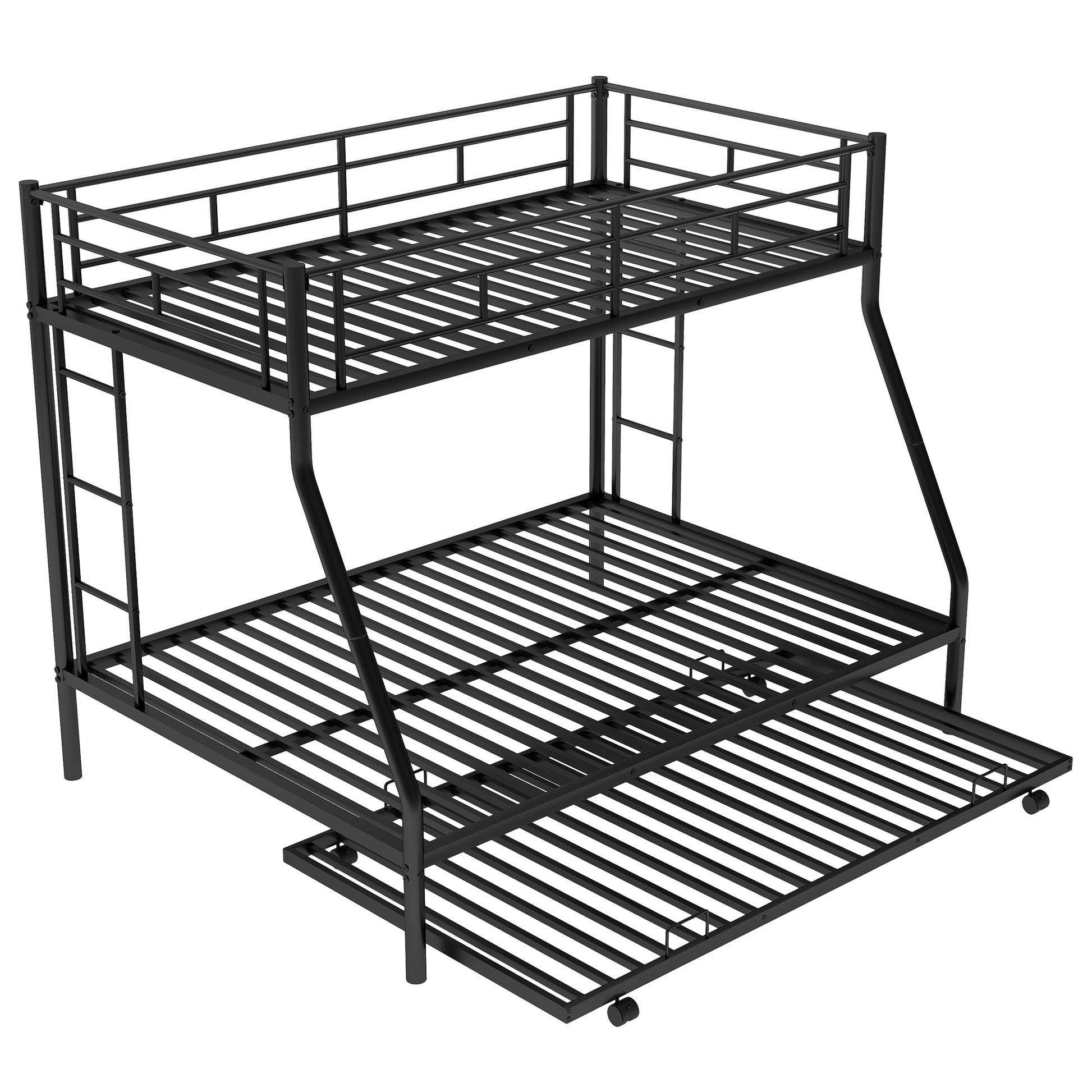 Twin Over Full Bed With Sturdy Steel Frame, Bunk Bed With Twin Size Trundle, Two Side Ladders, Black Old Sku:Mf194424Aab Black Metal