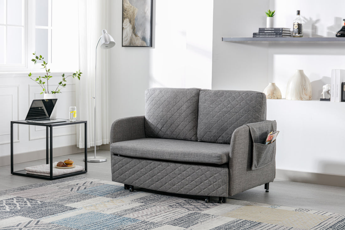 Coolmore Convertible Sleeper Sofa Bed, Modern Velvet Loveseat Couch With Pull Out Bed, Small Beautiful Seat Futon Sofa Bed With Headboard, 2 Pillows & Side Pockets For Living Room Light Grey Linen