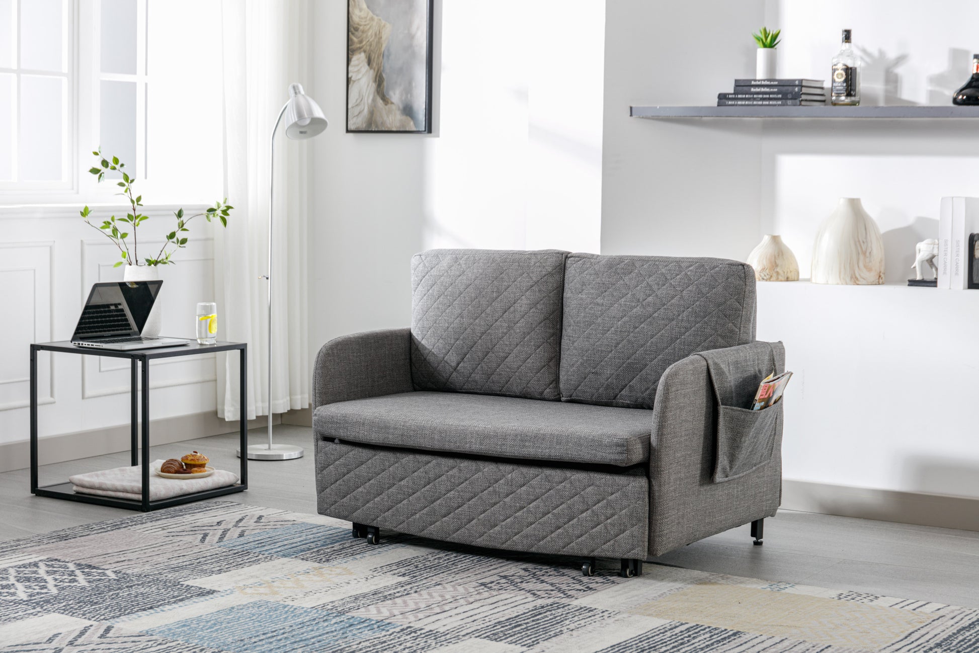 Coolmore Convertible Sleeper Sofa Bed, Modern Velvet Loveseat Couch With Pull Out Bed, Small Beautiful Seat Futon Sofa Bed With Headboard, 2 Pillows & Side Pockets For Living Room Light Grey Linen