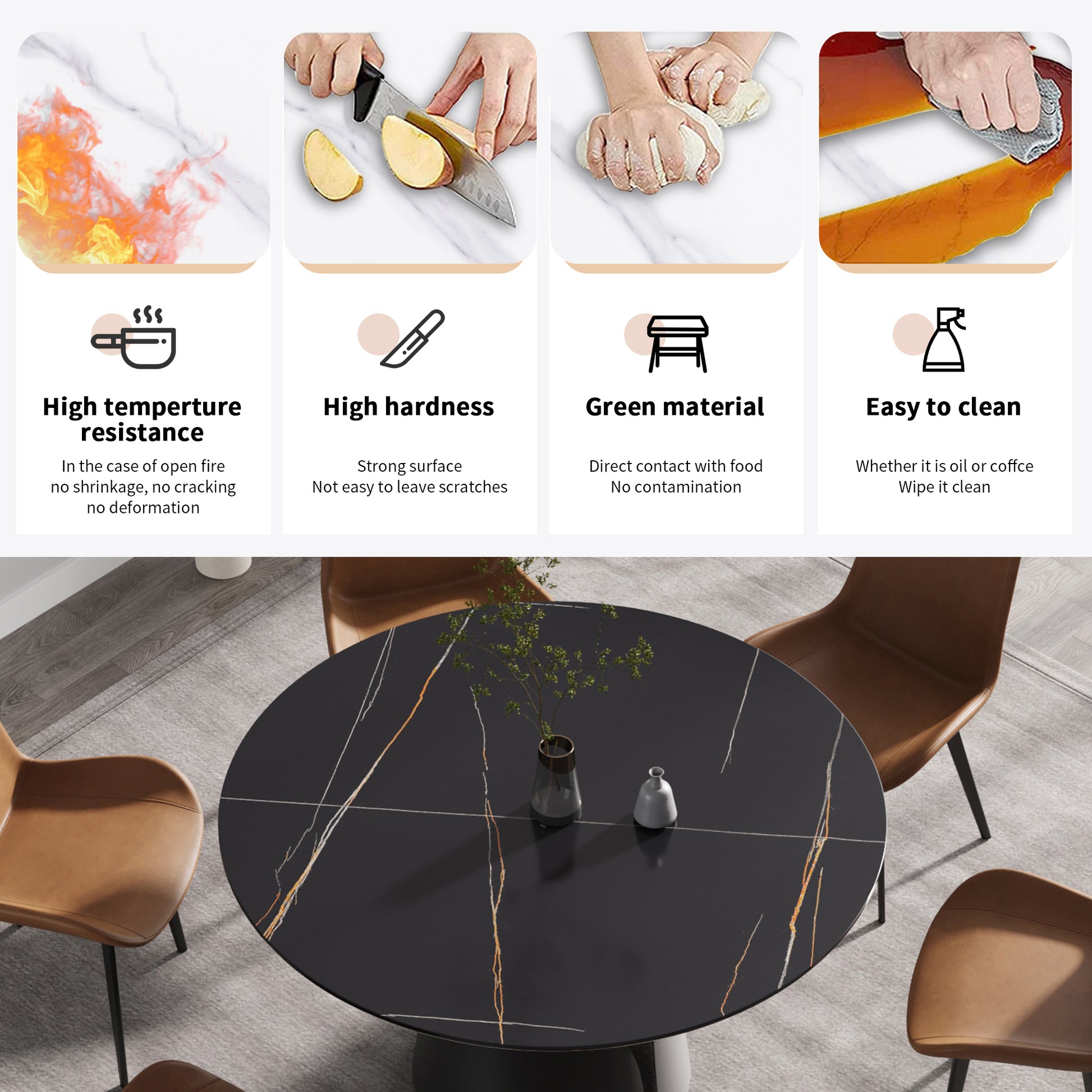 53.15"Modern Artificial Stone Round Black Carbon Steel Base Dining Table Can Accommodate 6 People Black Metal Sintered Stone