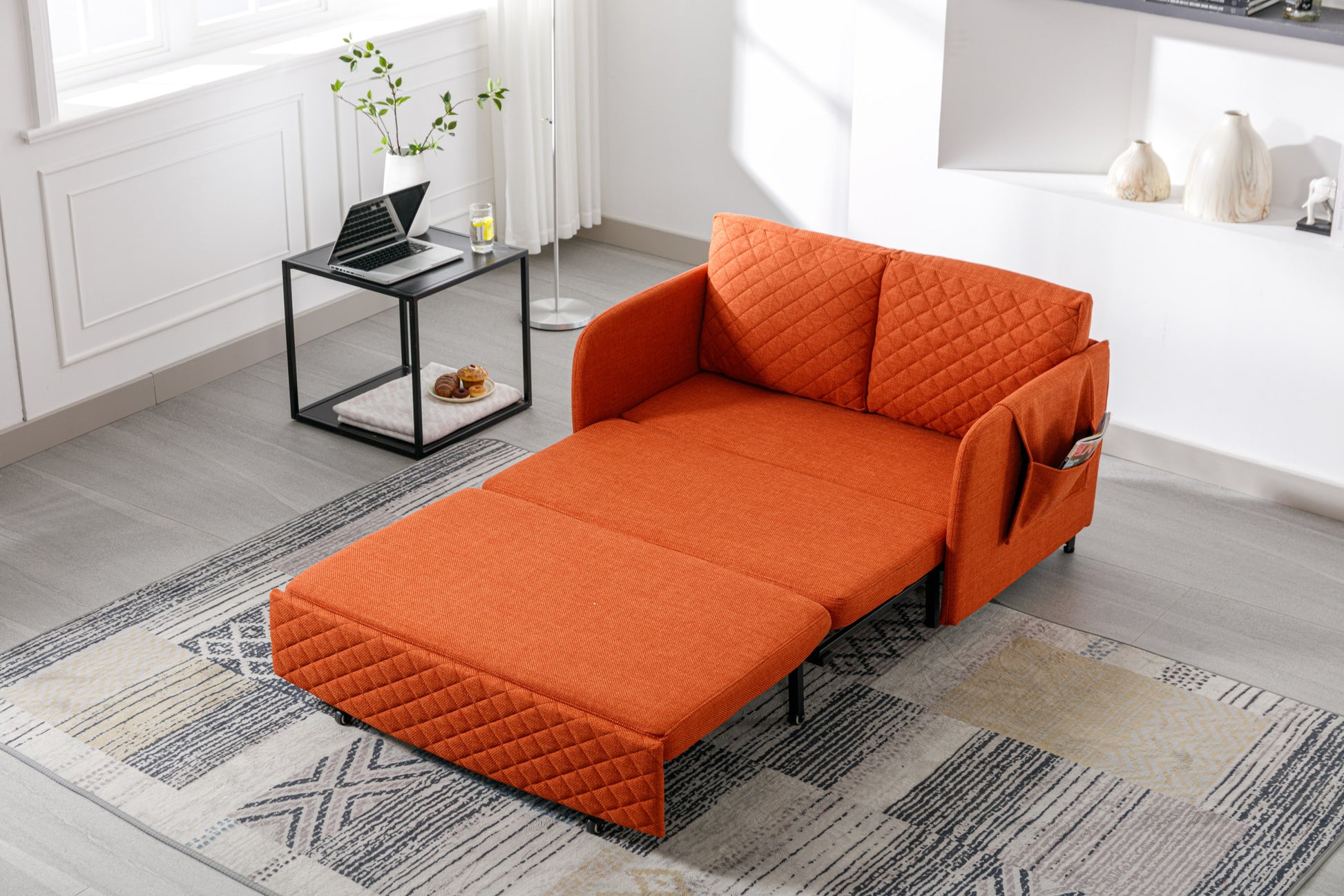 Coolmore Convertible Sleeper Sofa Bed, Modern Velvet Loveseat Couch With Pull Out Bed, Small Beautiful Seat Futon Sofa Bed With Headboard, 2 Pillows & Side Pockets For Living Room Orange Linen