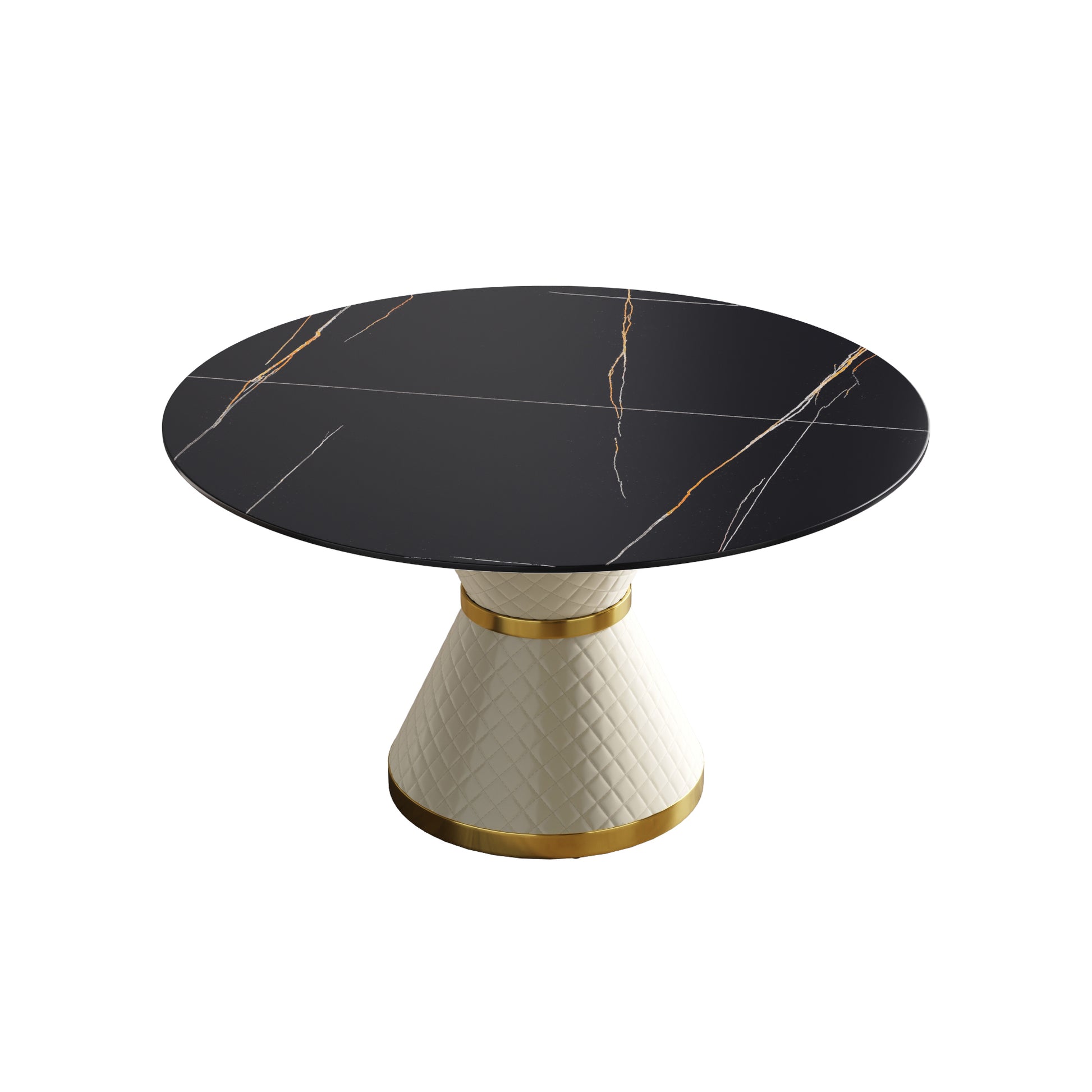 53.15"Modern Artificial Stone Round White Carbon Steel Base Dining Table Can Accommodate 6 People Black Metal Sintered Stone