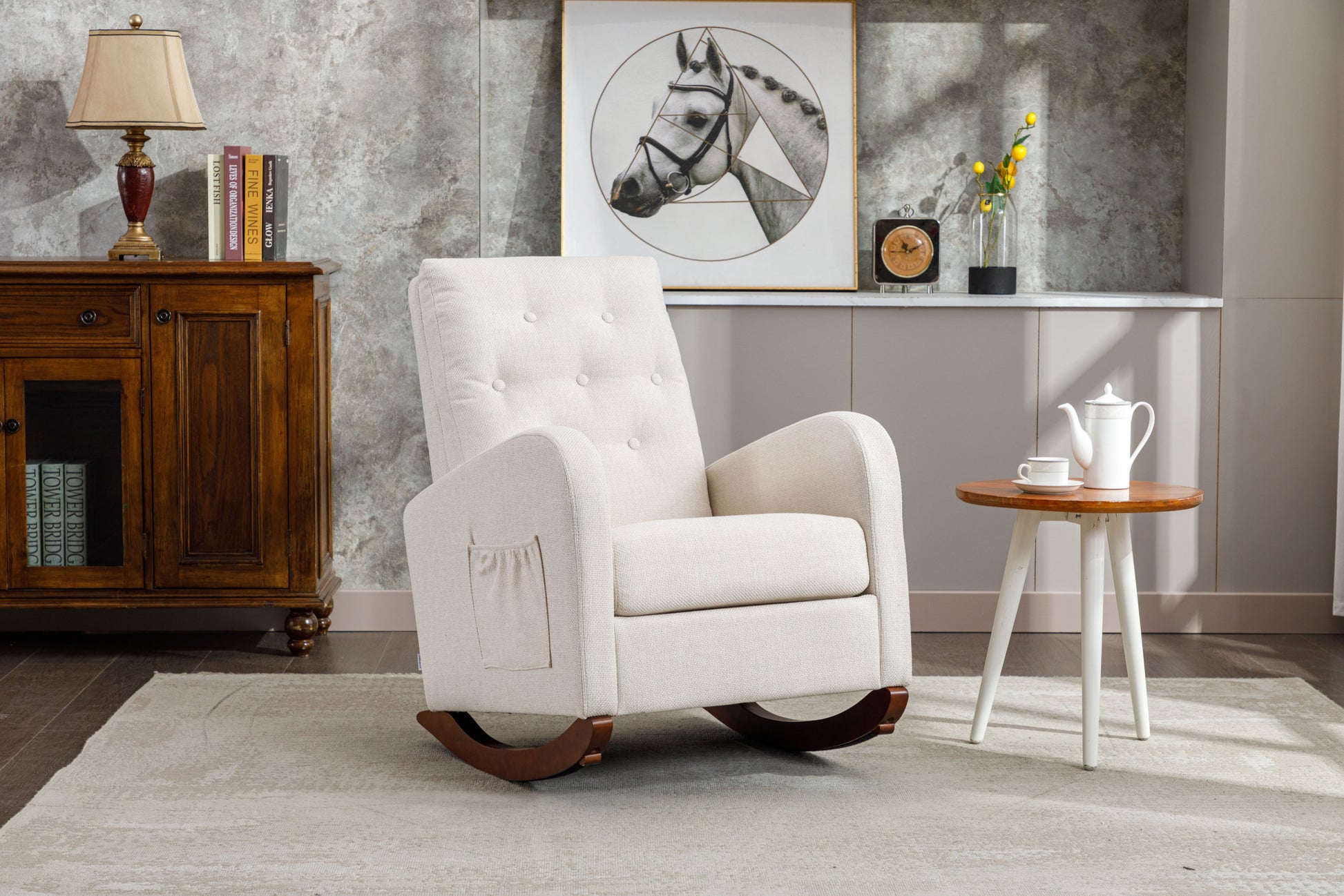 High Back Rocking Chair Nursery Chair .Comfortable Rocker Fabric Padded Seat .Modern High Back Armchair Beige Polyester