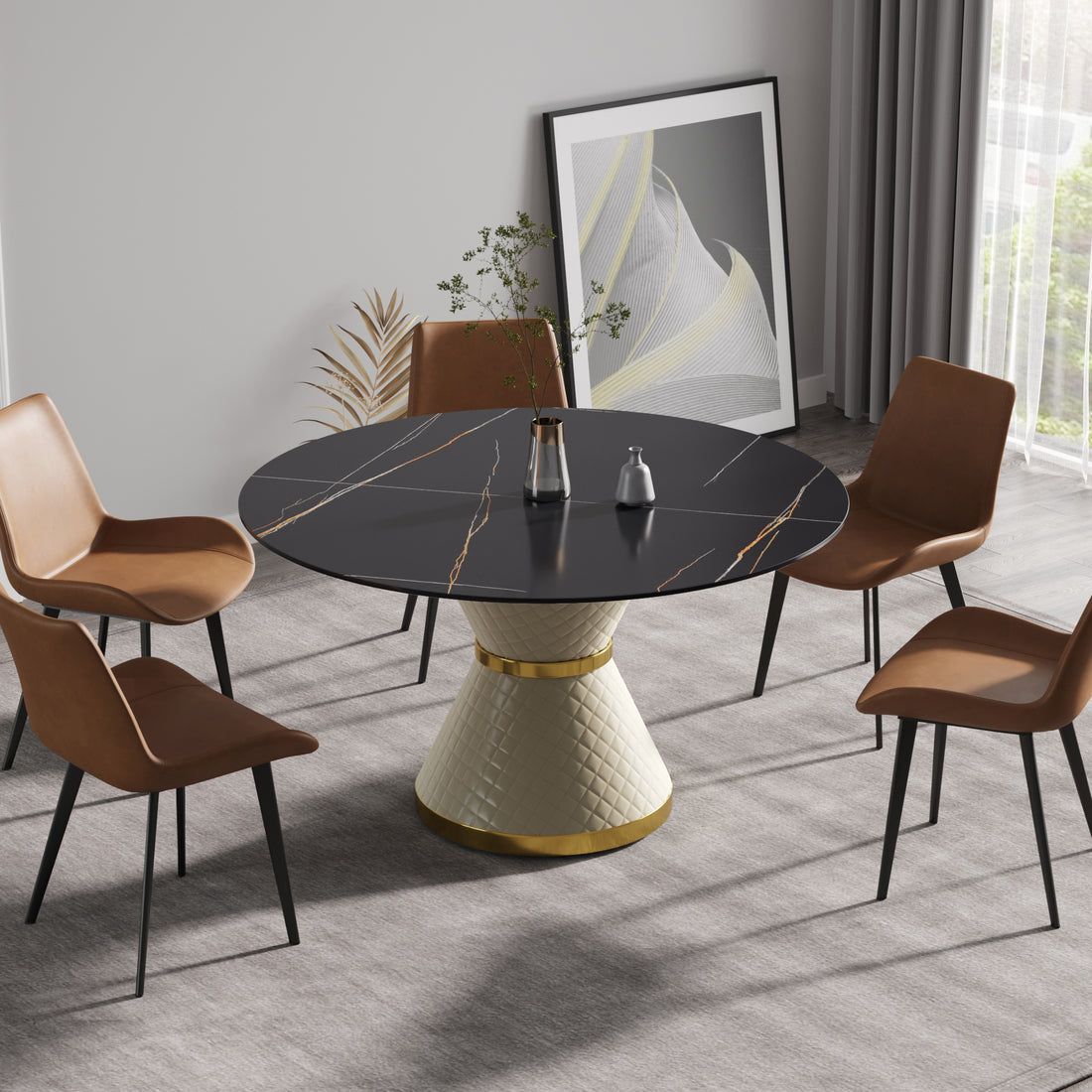 53.15"Modern Artificial Stone Round White Carbon Steel Base Dining Table Can Accommodate 6 People Black Metal Sintered Stone