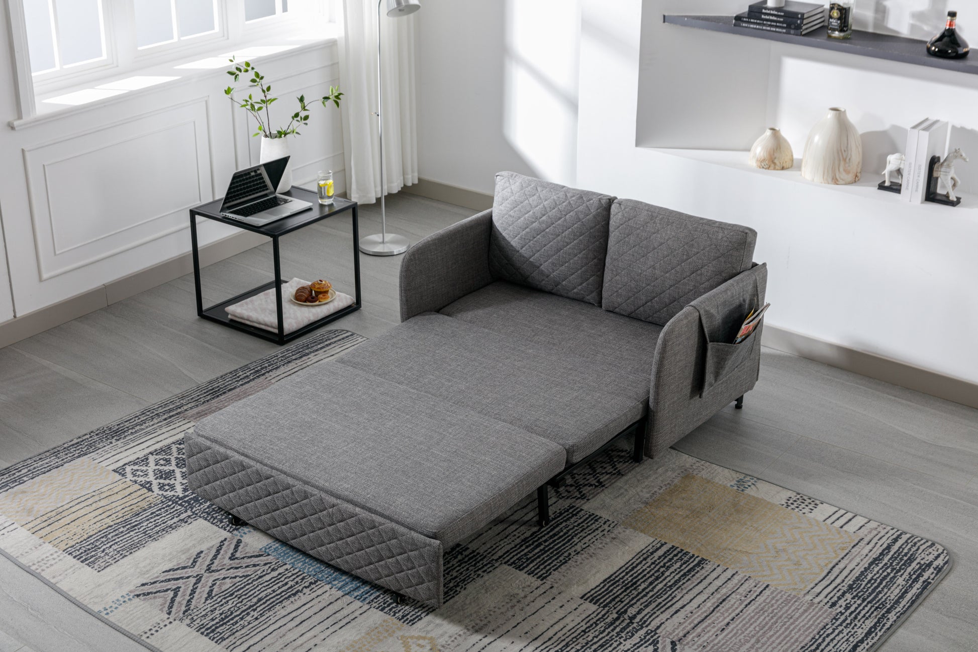Coolmore Convertible Sleeper Sofa Bed, Modern Velvet Loveseat Couch With Pull Out Bed, Small Beautiful Seat Futon Sofa Bed With Headboard, 2 Pillows & Side Pockets For Living Room Light Grey Linen