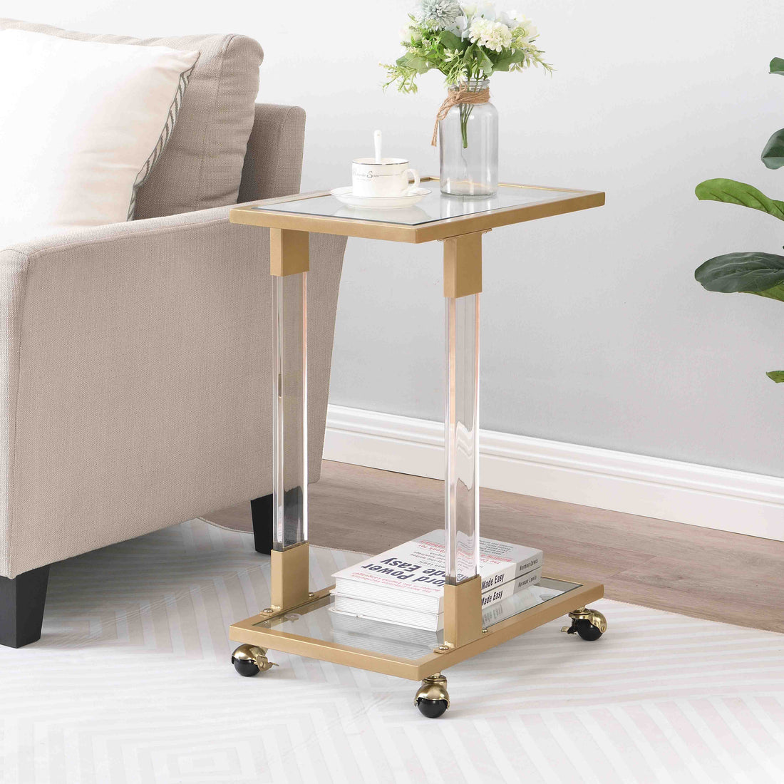 W82153574 Golden Side Table, Acrylic Sofa Table, Glass Top C Shape Square Table With Metal Base For Living Room, Bedroom, Balcony Home And Office Chrome Glass Iron