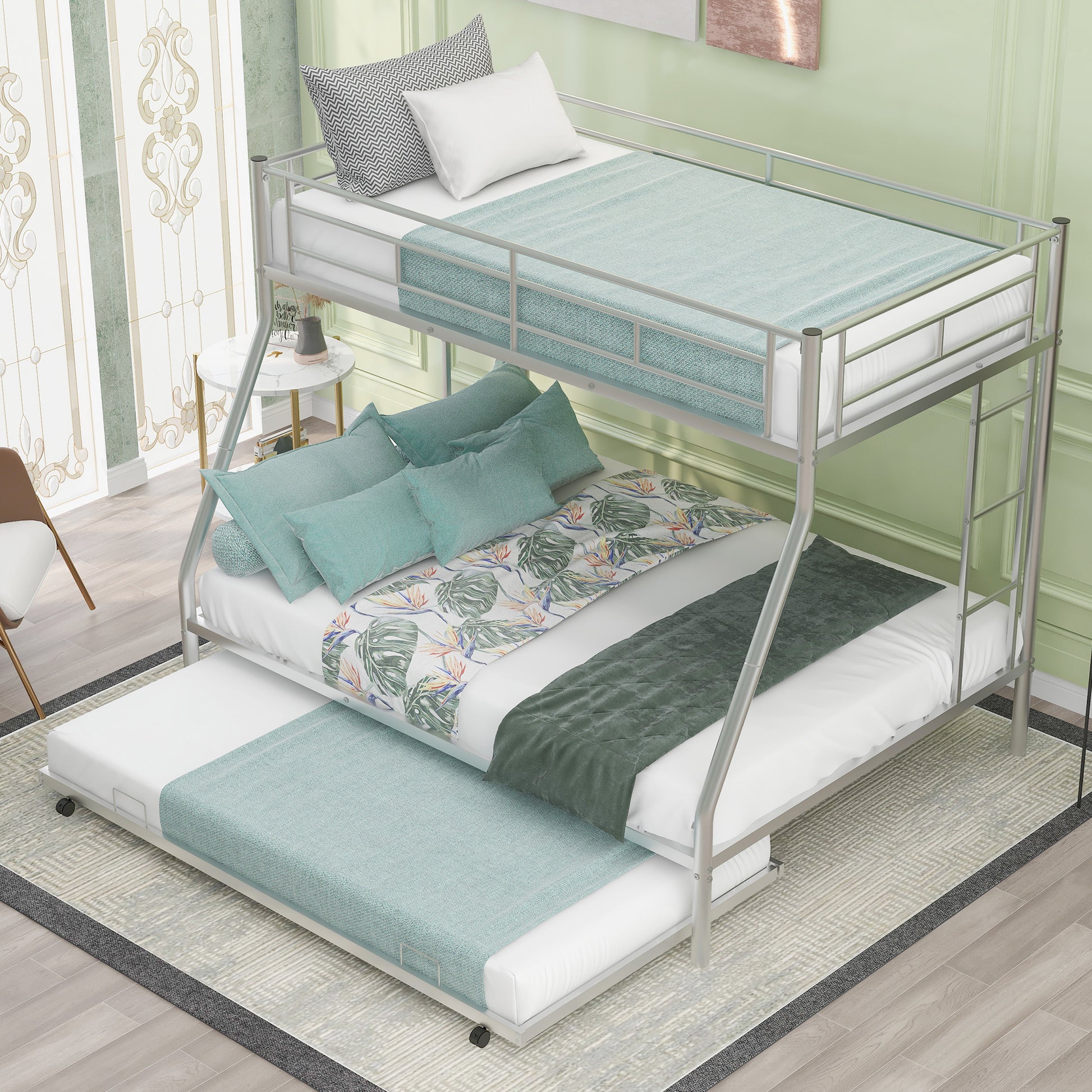 Twin Over Full Bed With Sturdy Steel Frame, Bunk Bed With Twin Size Trundle, Two Side Ladders, Silver Old Sku:Mf194424Aan Silver Metal