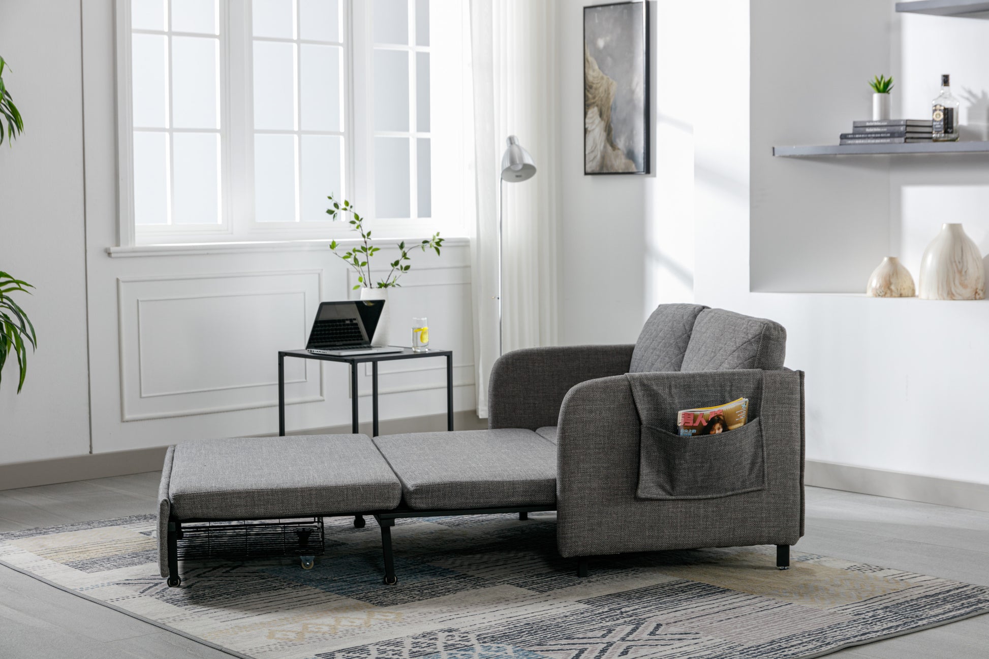 Coolmore Convertible Sleeper Sofa Bed, Modern Velvet Loveseat Couch With Pull Out Bed, Small Beautiful Seat Futon Sofa Bed With Headboard, 2 Pillows & Side Pockets For Living Room Light Grey Linen