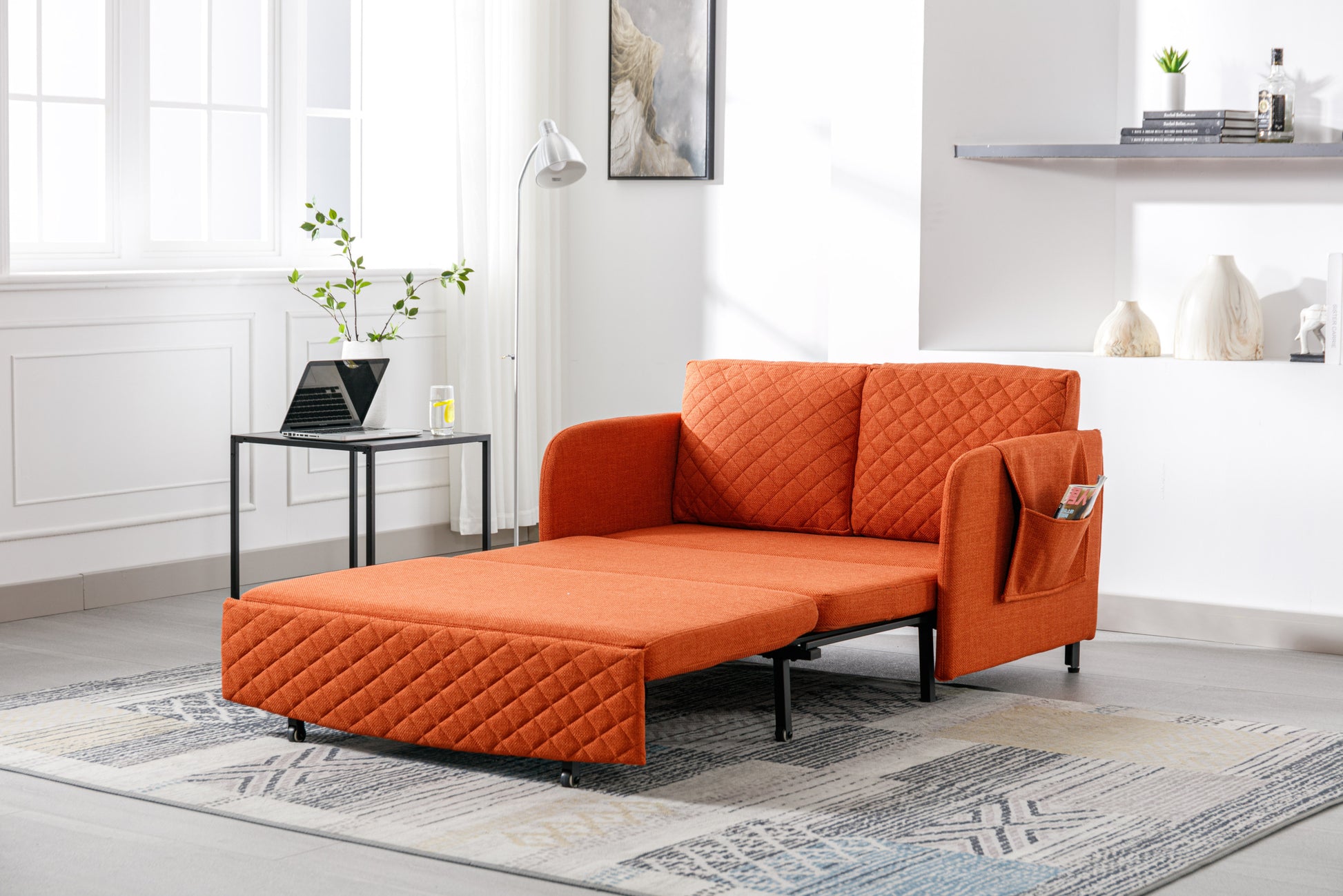 Coolmore Convertible Sleeper Sofa Bed, Modern Velvet Loveseat Couch With Pull Out Bed, Small Beautiful Seat Futon Sofa Bed With Headboard, 2 Pillows & Side Pockets For Living Room Orange Linen