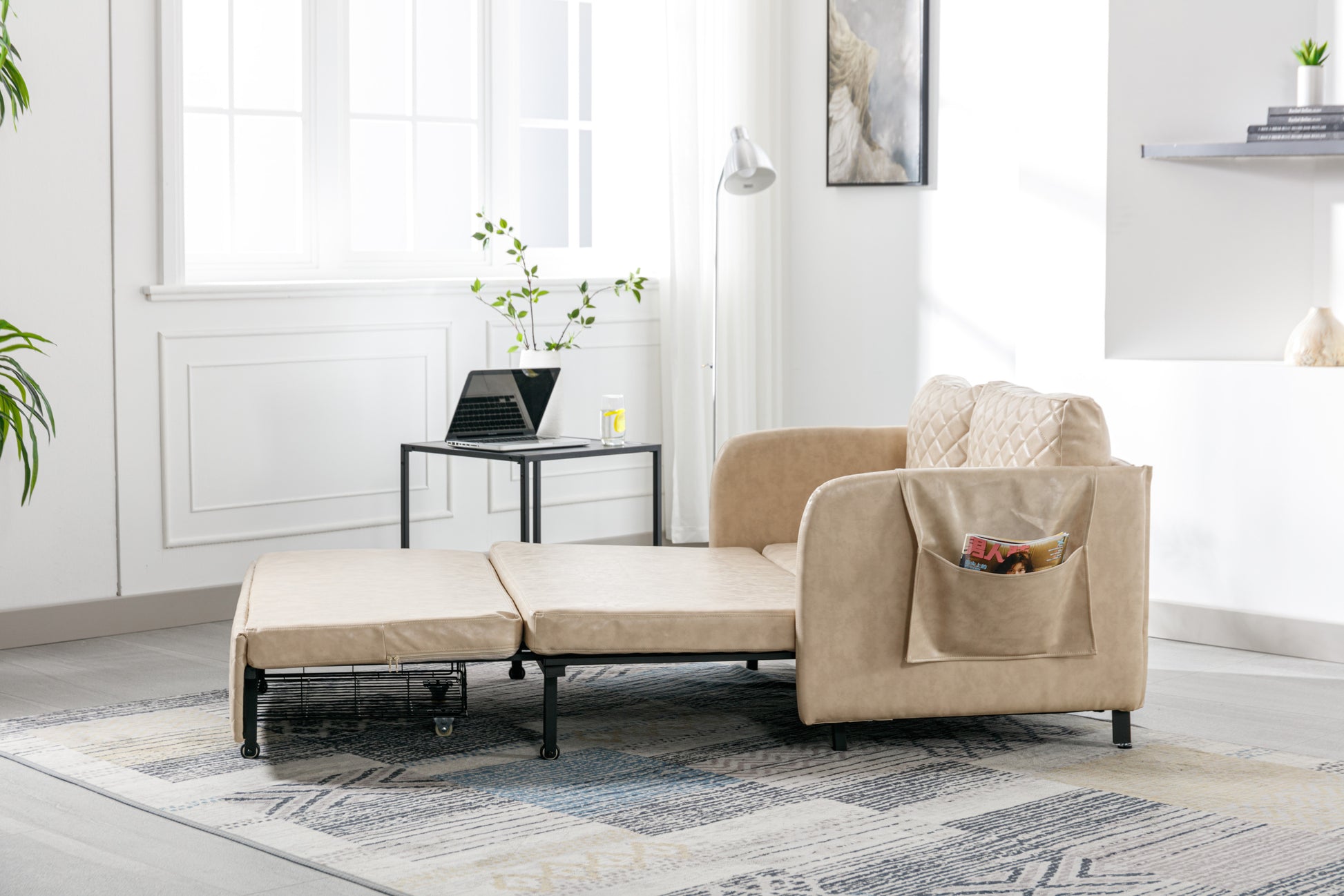 Coolmore Convertible Sleeper Sofa Bed, Modern Velvet Loveseat Couch With Pull Out Bed, Small Beautiful Seat Futon Sofa Bed With Headboard, 2 Pillows & Side Pockets For Living Room Camel Pu