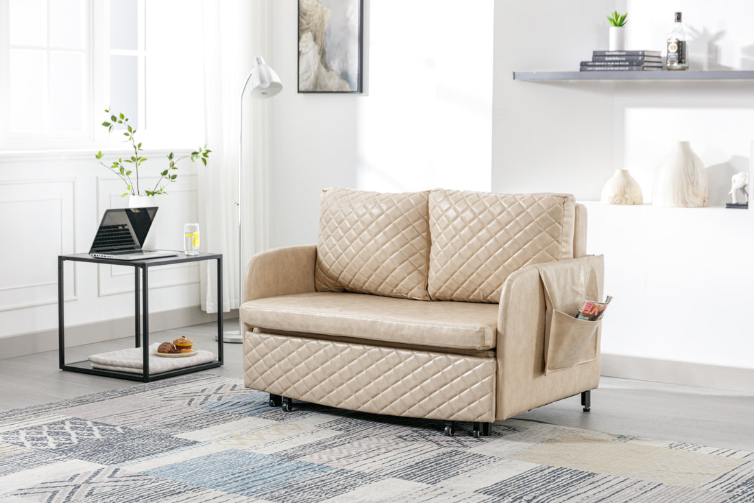 Coolmore Convertible Sleeper Sofa Bed, Modern Velvet Loveseat Couch With Pull Out Bed, Small Beautiful Seat Futon Sofa Bed With Headboard, 2 Pillows & Side Pockets For Living Room Camel Pu