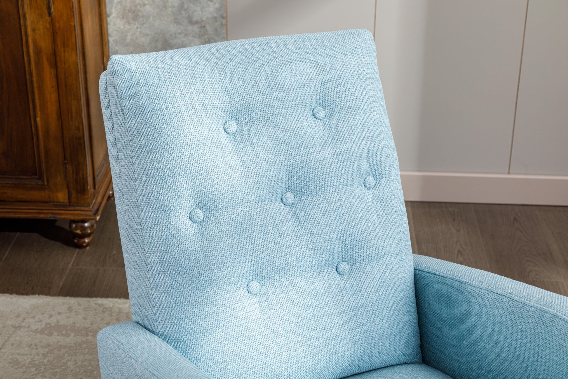 High Back Rocking Chair Nursery Chair .Comfortable Rocker Fabric Padded Seat .Modern High Back Armchair Light Blue Polyester