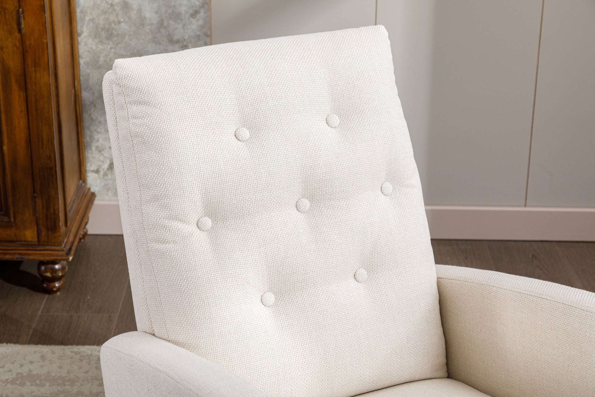 High Back Rocking Chair Nursery Chair .Comfortable Rocker Fabric Padded Seat .Modern High Back Armchair Beige Polyester