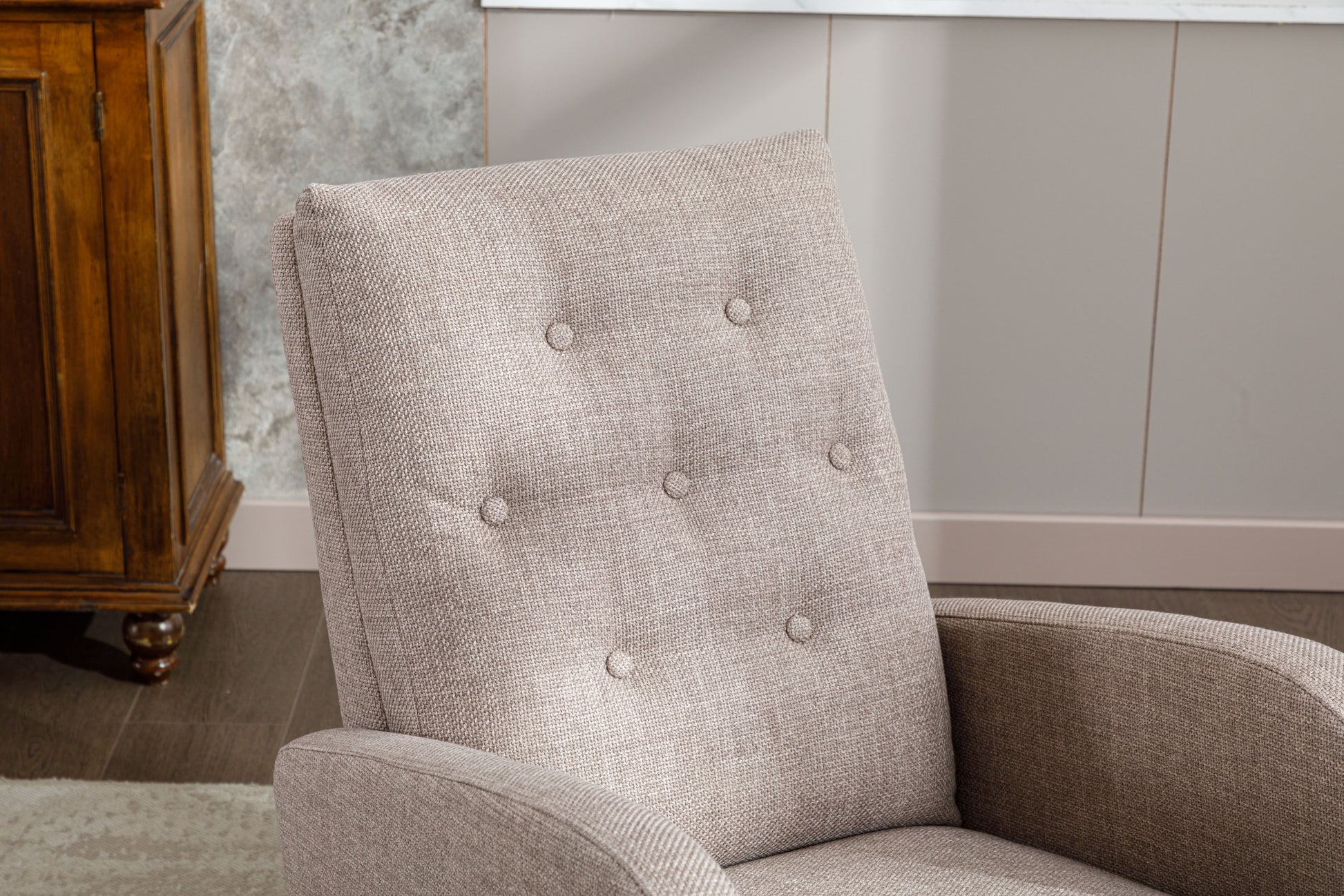 High Back Rocking Chair Nursery Chair .Comfortable Rocker Fabric Padded Seat .Modern High Back Armchair Camel Polyester