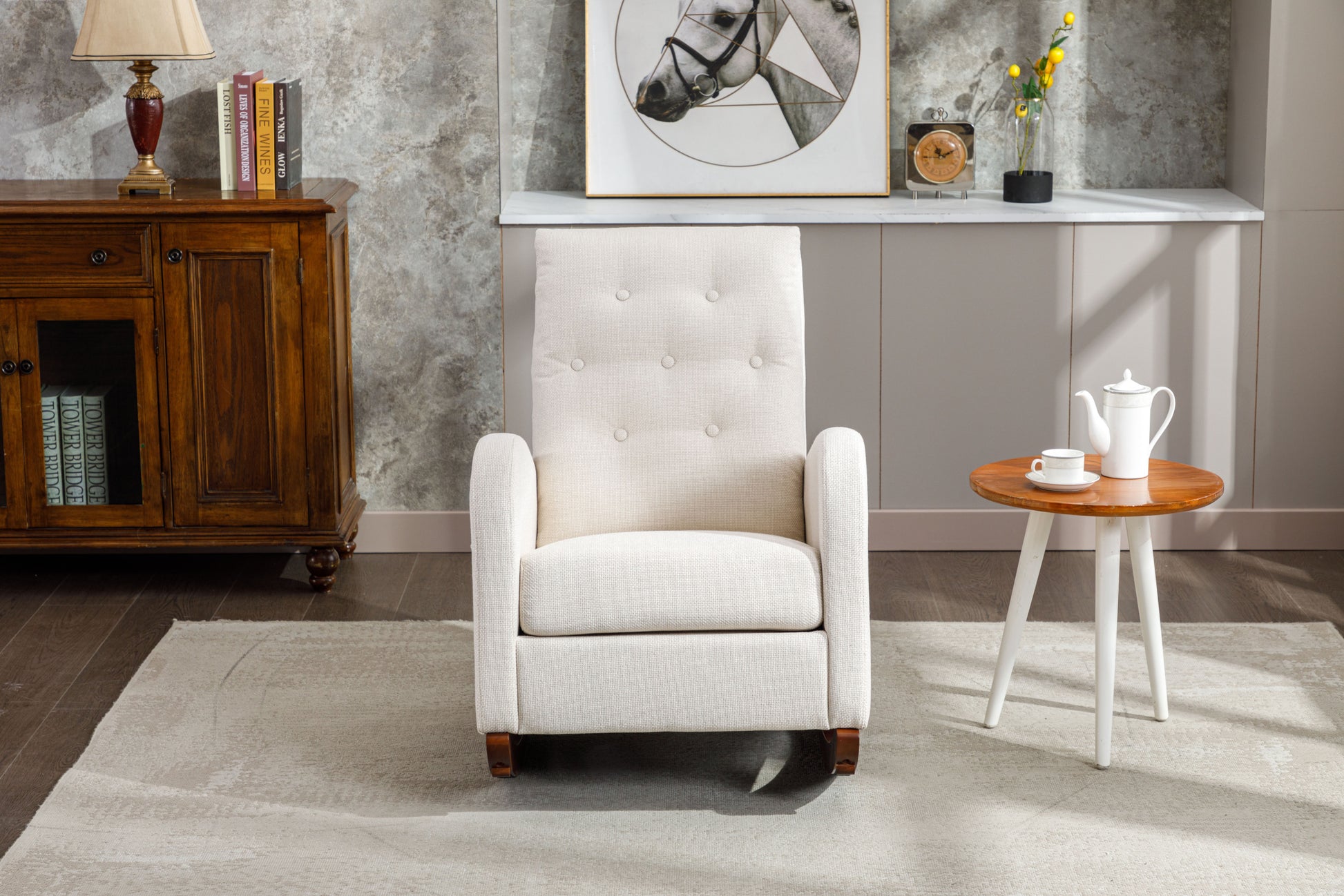 High Back Rocking Chair Nursery Chair .Comfortable Rocker Fabric Padded Seat .Modern High Back Armchair Beige Polyester
