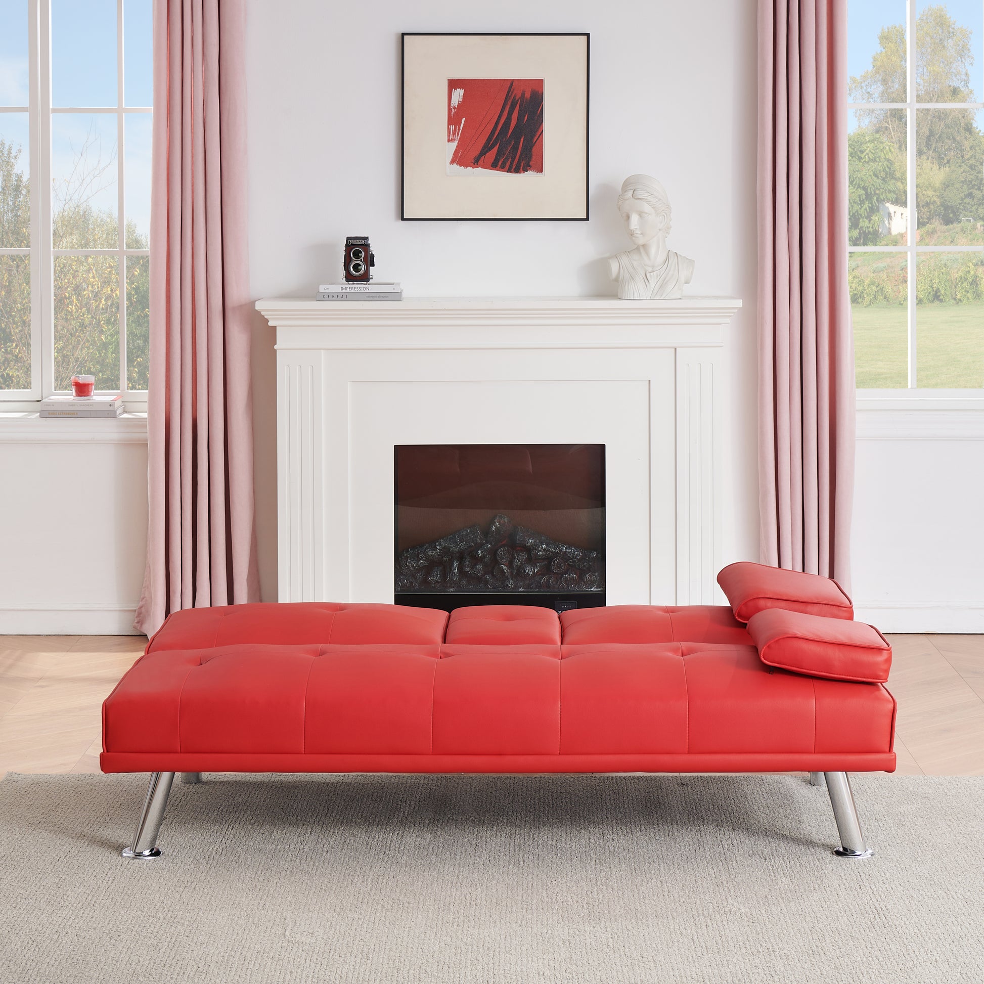 67" Red Leather Multifunctional Double Folding Sofa Bed For Office With Coffee Table Red Foam Pvc 2 Seat