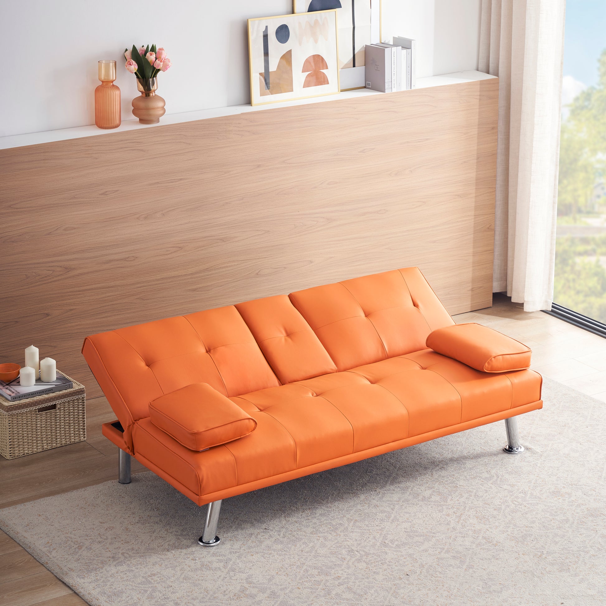 67" Orange Leather Multifunctional Double Folding Sofa Bed For Office With Coffee Table Orange Foam Pvc 2 Seat