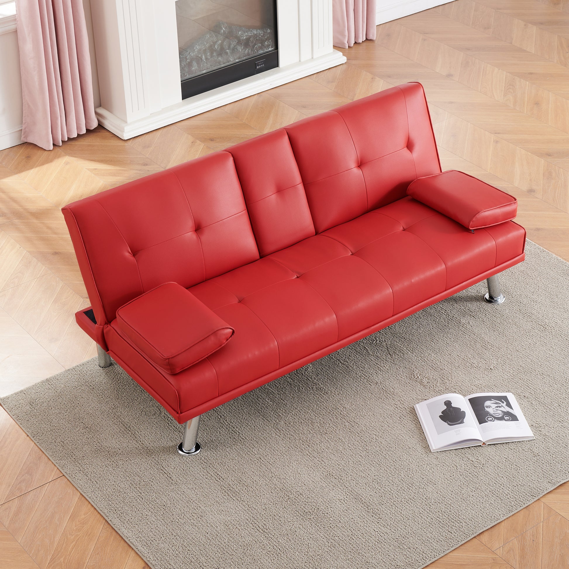 67" Red Leather Multifunctional Double Folding Sofa Bed For Office With Coffee Table Red Foam Pvc 2 Seat