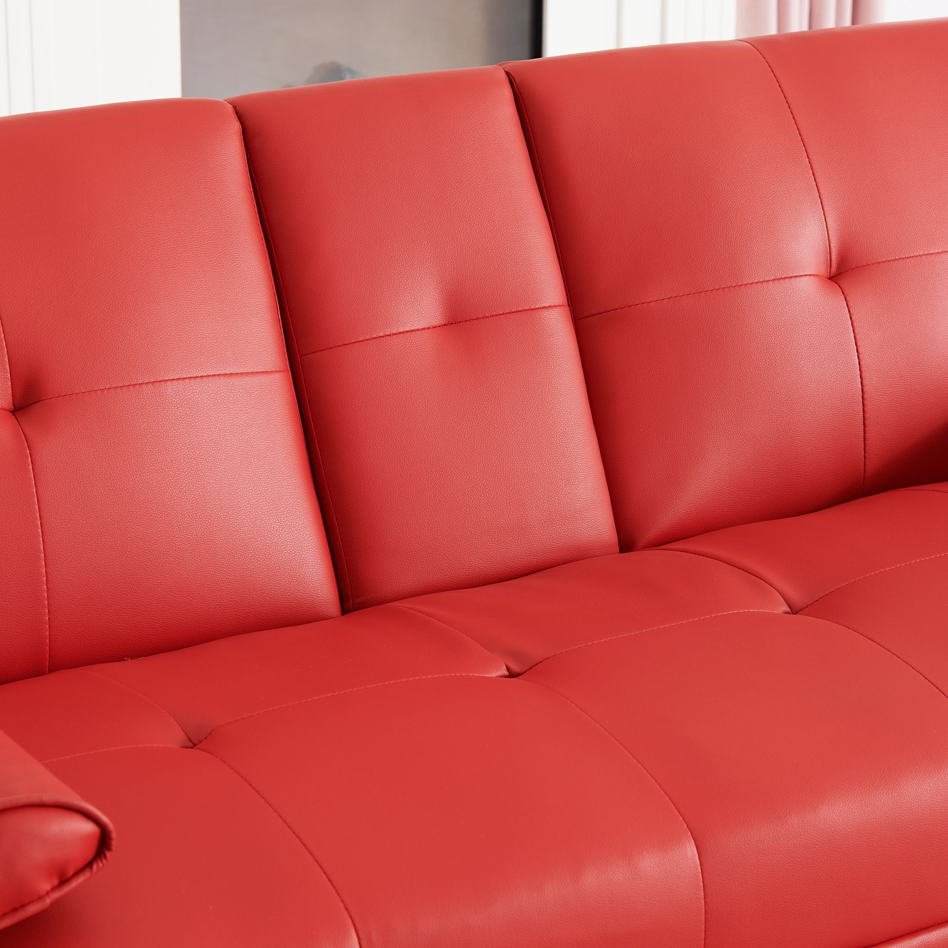 67" Red Leather Multifunctional Double Folding Sofa Bed For Office With Coffee Table Red Foam Pvc 2 Seat