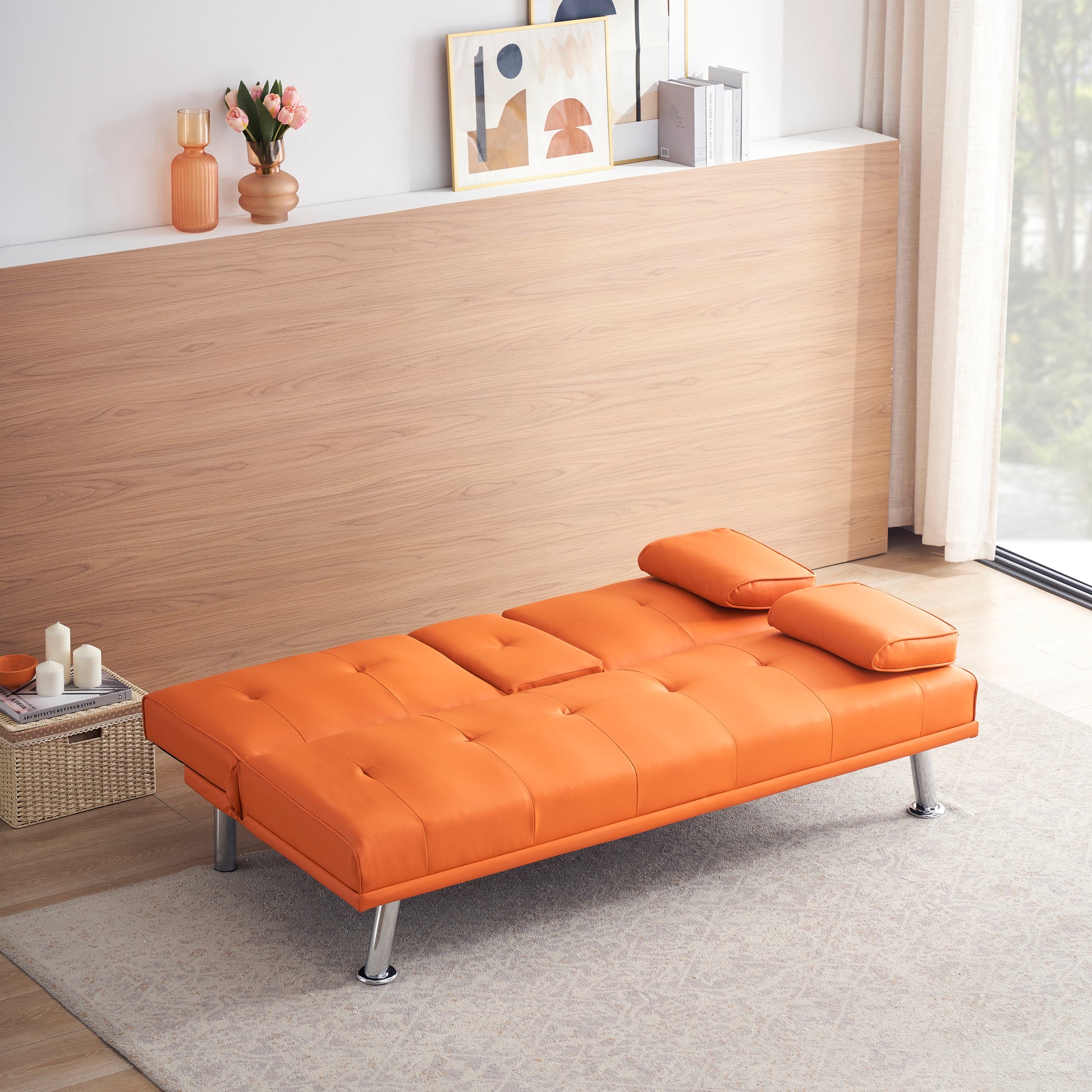 67" Orange Leather Multifunctional Double Folding Sofa Bed For Office With Coffee Table Orange Foam Pvc 2 Seat