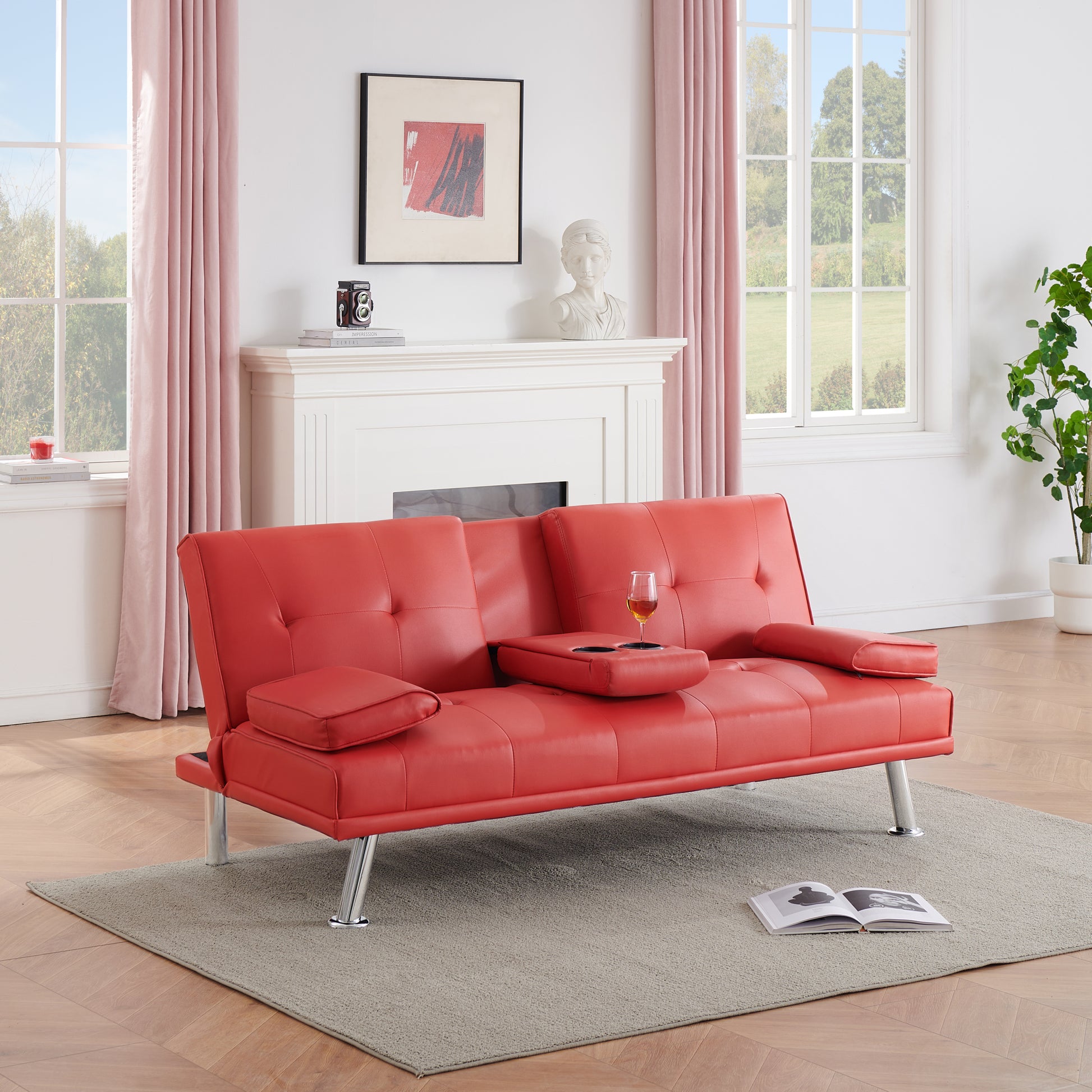 67" Red Leather Multifunctional Double Folding Sofa Bed For Office With Coffee Table Red Foam Pvc 2 Seat