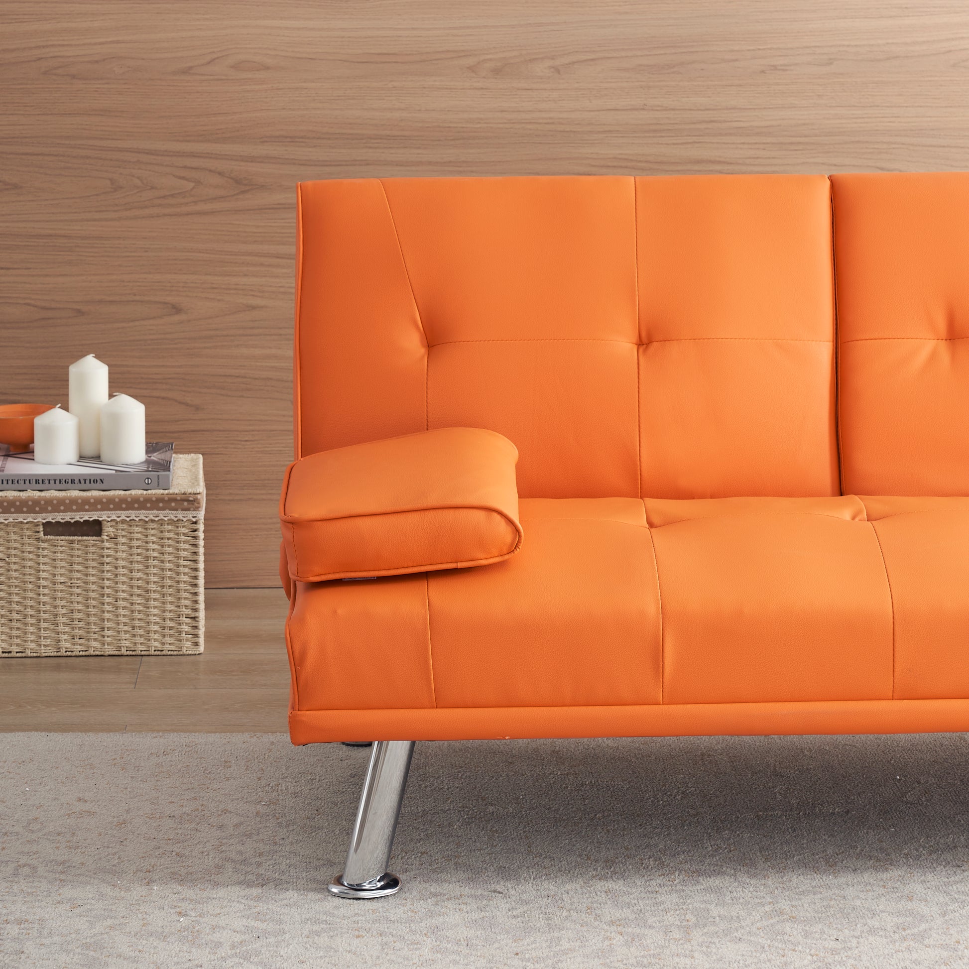 67" Orange Leather Multifunctional Double Folding Sofa Bed For Office With Coffee Table Orange Foam Pvc 2 Seat