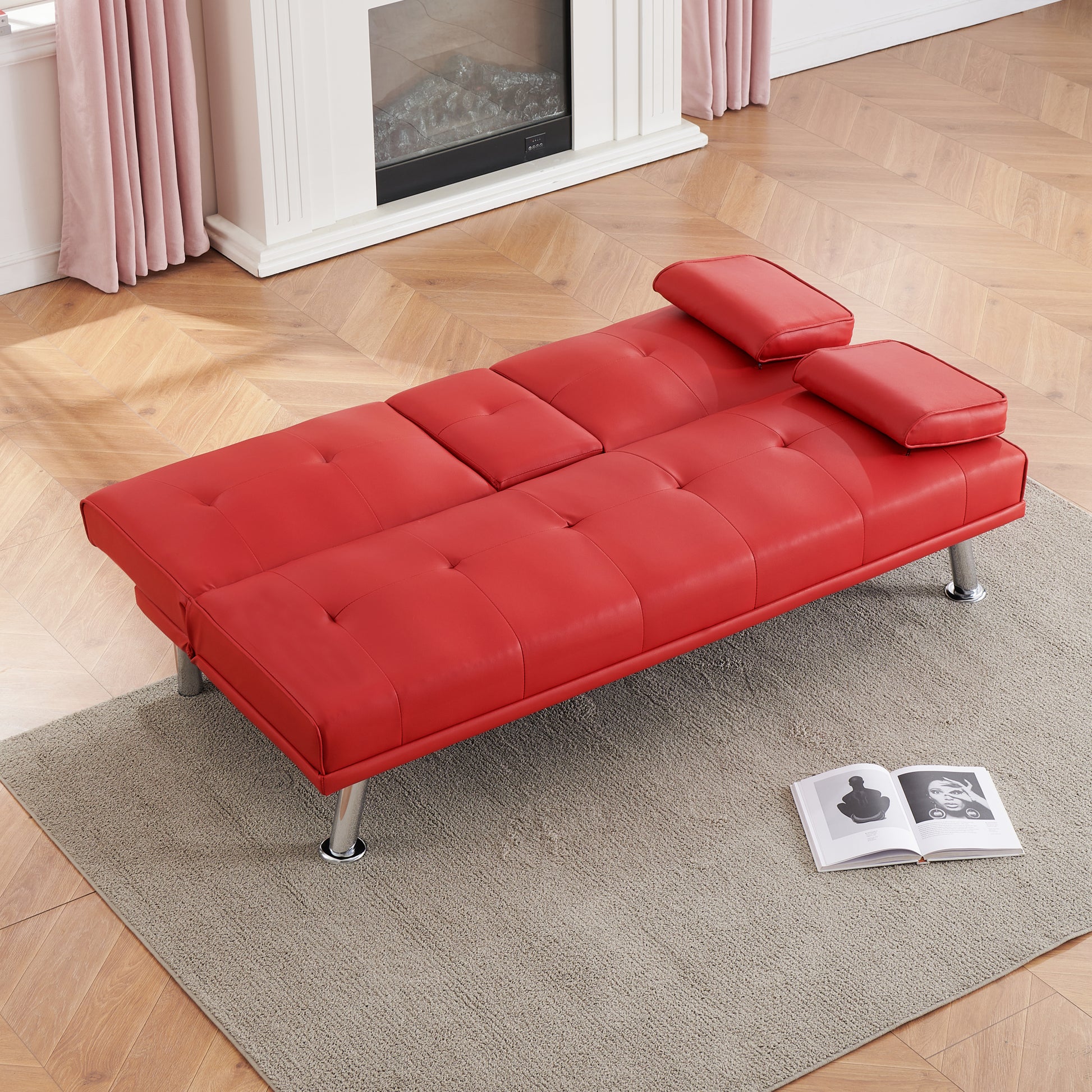 67" Red Leather Multifunctional Double Folding Sofa Bed For Office With Coffee Table Red Foam Pvc 2 Seat