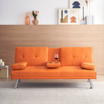 67" Orange Leather Multifunctional Double Folding Sofa Bed For Office With Coffee Table Orange Foam Pvc 2 Seat