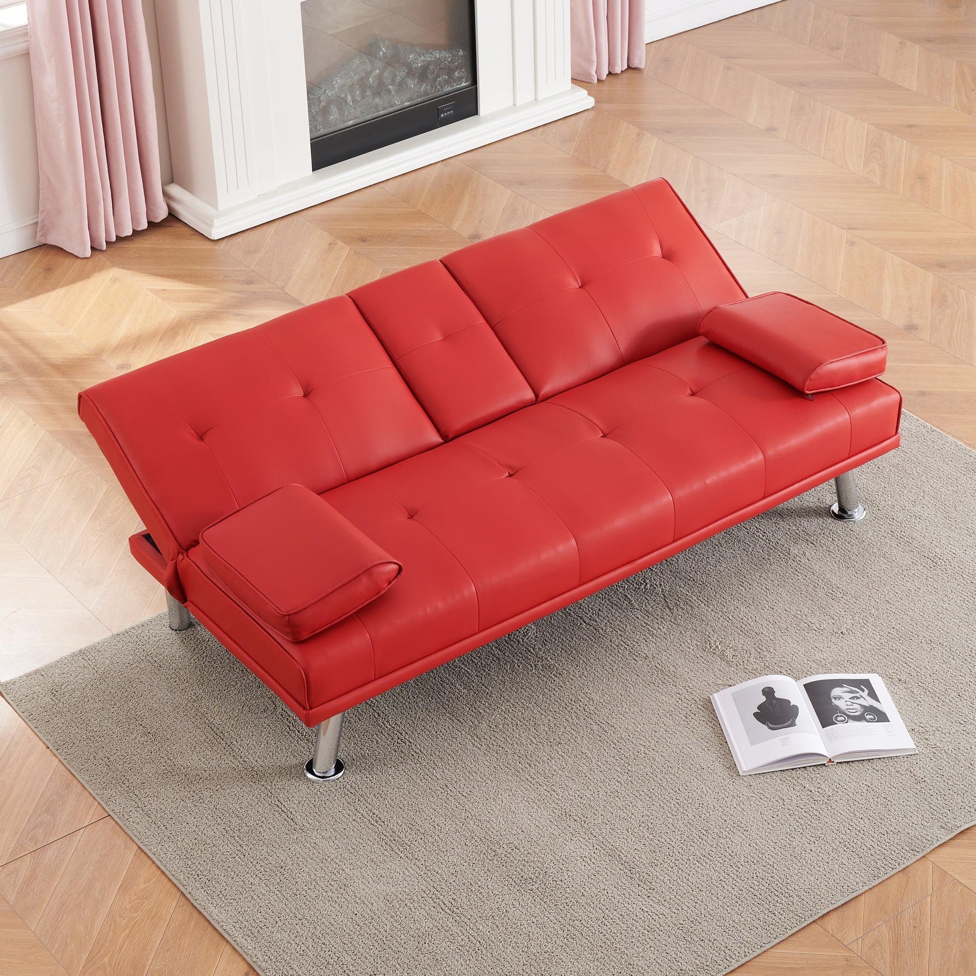 67" Red Leather Multifunctional Double Folding Sofa Bed For Office With Coffee Table Red Foam Pvc 2 Seat