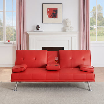 67" Red Leather Multifunctional Double Folding Sofa Bed For Office With Coffee Table Red Foam Pvc 2 Seat