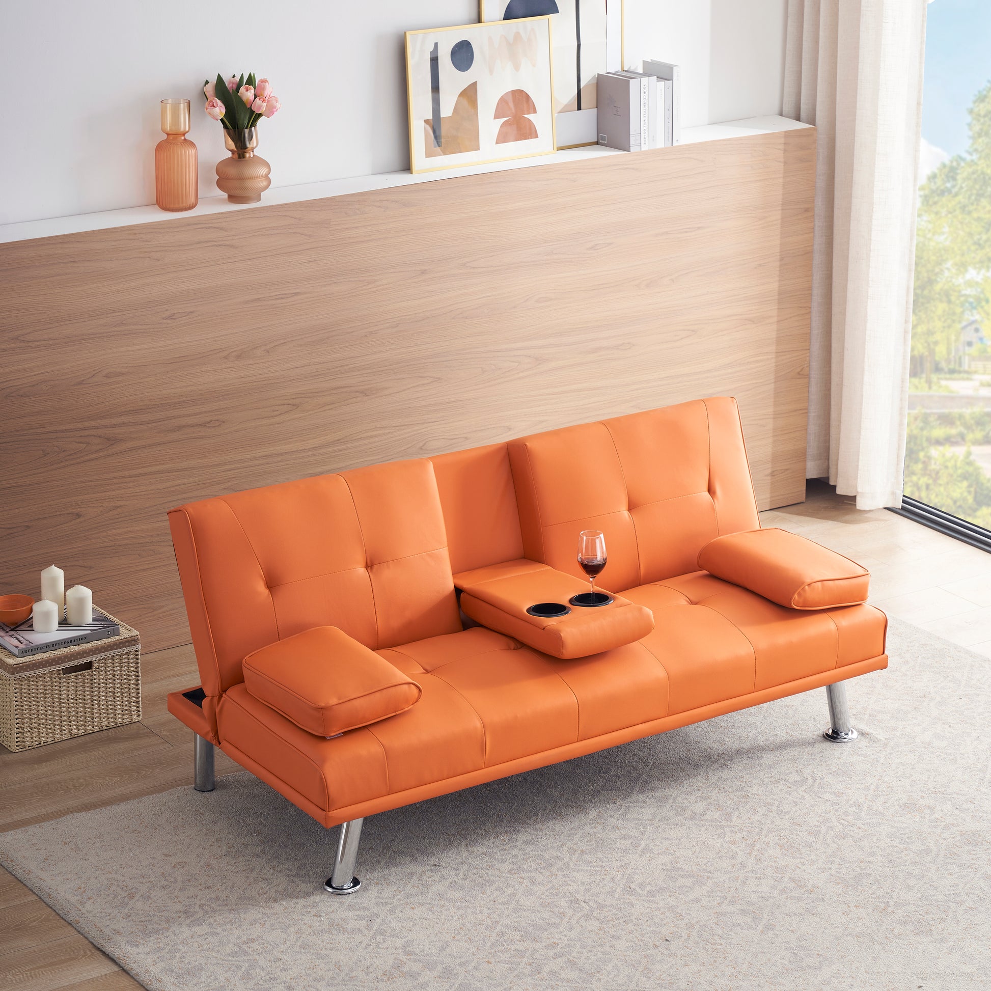 67" Orange Leather Multifunctional Double Folding Sofa Bed For Office With Coffee Table Orange Foam Pvc 2 Seat