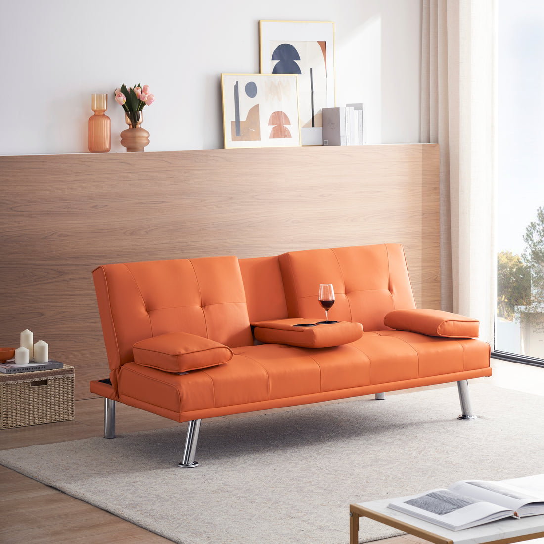 67" Orange Leather Multifunctional Double Folding Sofa Bed For Office With Coffee Table Orange Foam Pvc 2 Seat