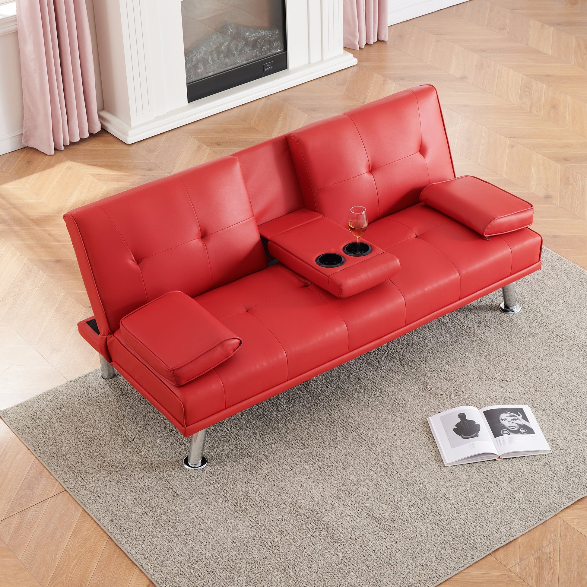 67" Red Leather Multifunctional Double Folding Sofa Bed For Office With Coffee Table Red Foam Pvc 2 Seat