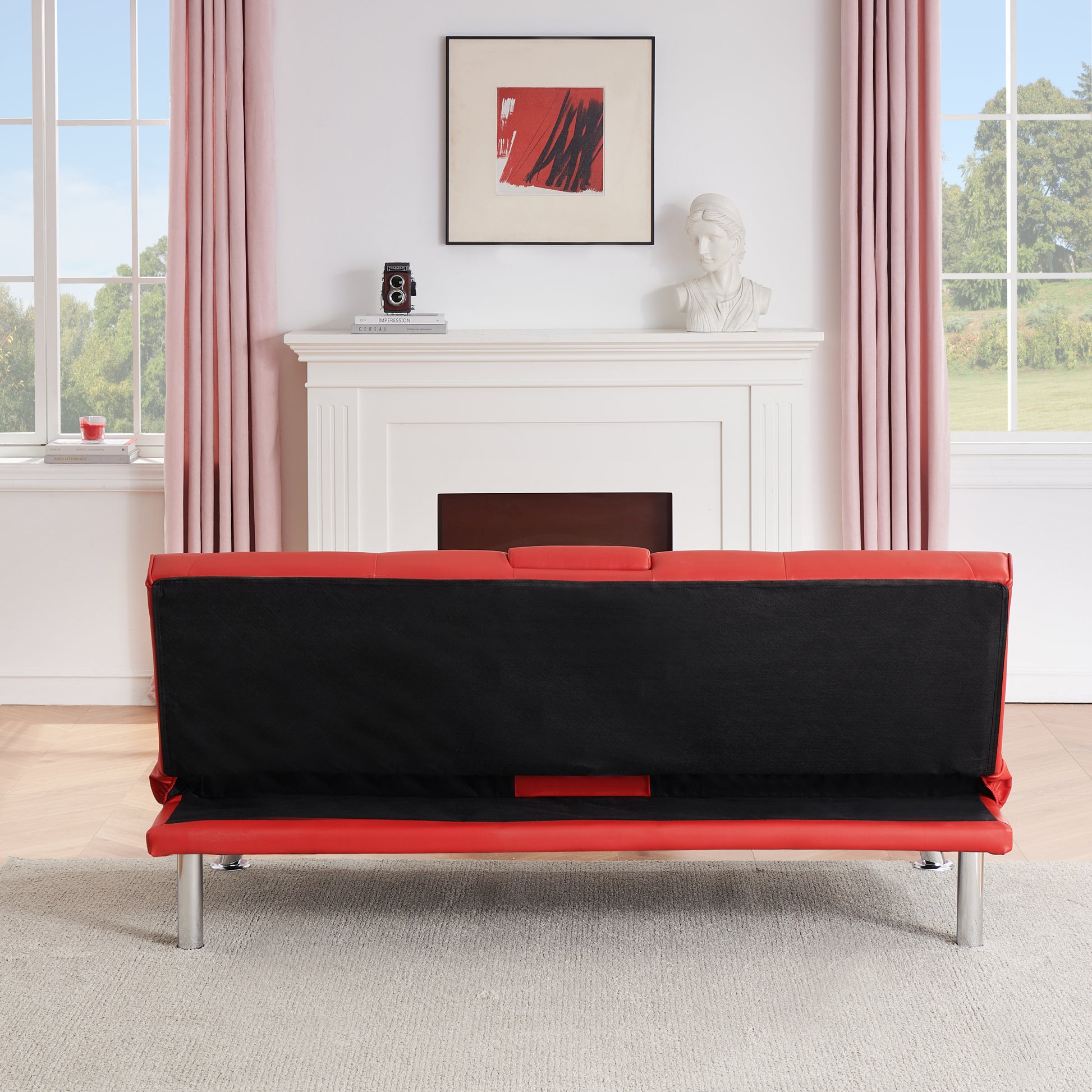 67" Red Leather Multifunctional Double Folding Sofa Bed For Office With Coffee Table Red Foam Pvc 2 Seat