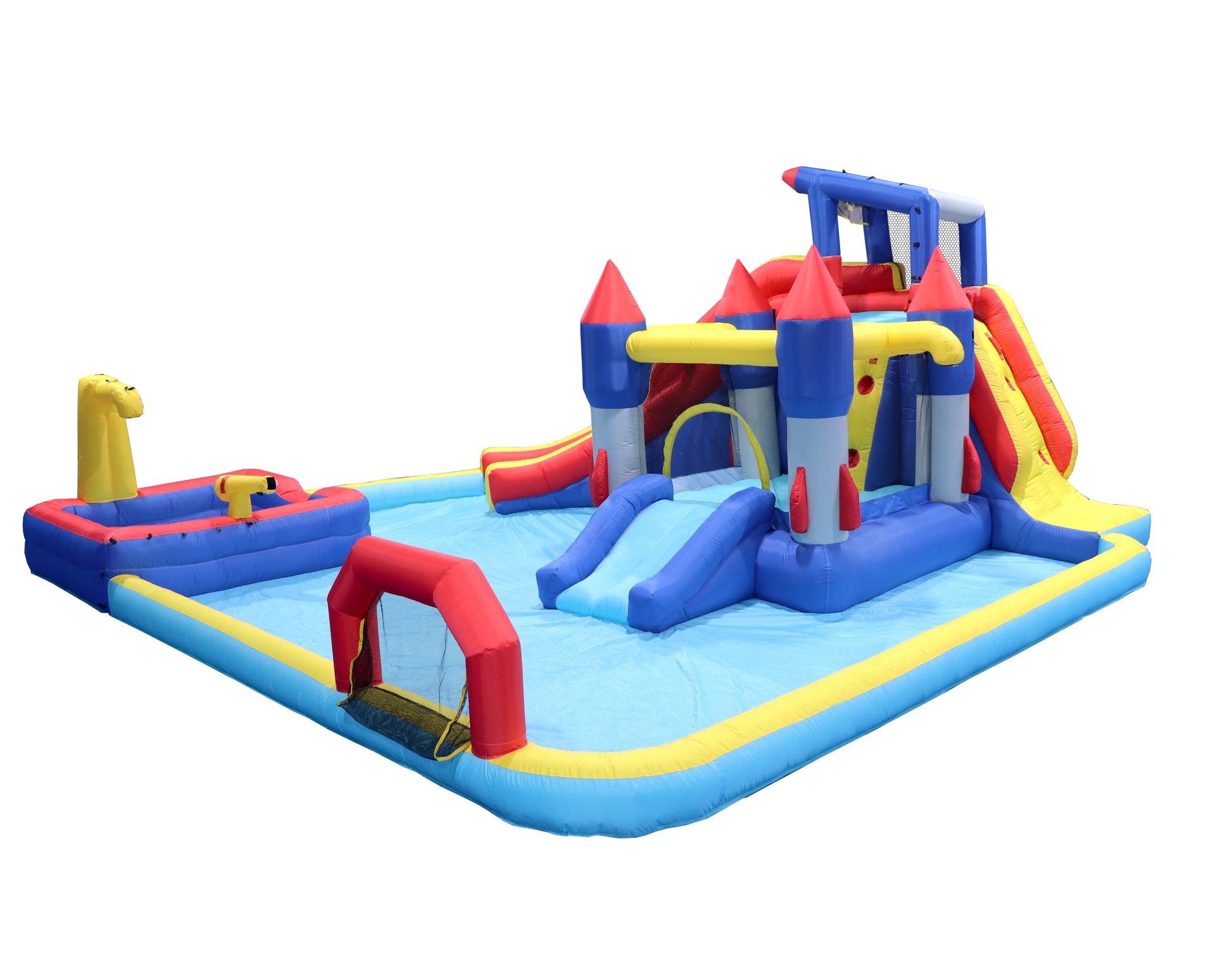 10 In1 Inflatable Slide Water Park Bouncing House Garden With Splash Pool & Water& Basketball & Climbing Wall & Dual Pools & Soccer Multicolor Oxford Fabric