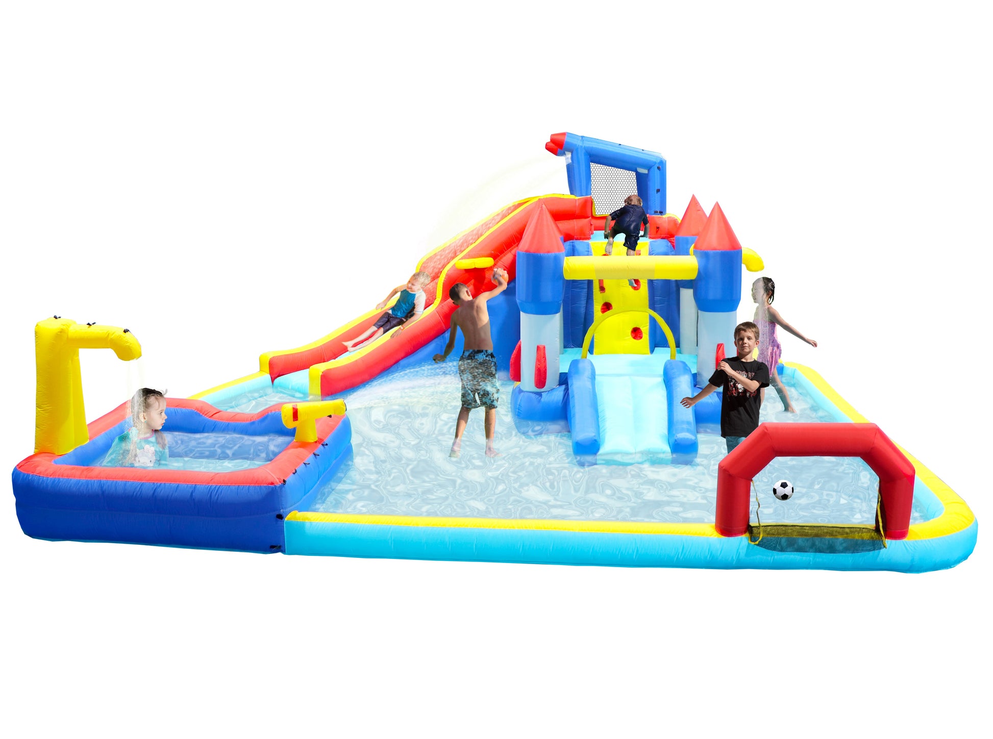 10 In1 Inflatable Slide Water Park Bouncing House Garden With Splash Pool & Water& Basketball & Climbing Wall & Dual Pools & Soccer Multicolor Oxford Fabric