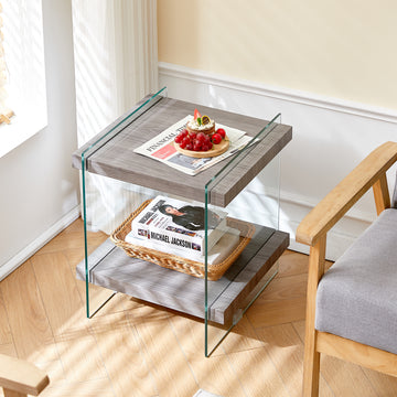 17.72" Sleek And Sturdy Tempered Glass Leg Side Table With Dual Mdf Shelves, Modern Nightstand End Table For Living Roon, Bedroom, Transparent Gray Gray Mdf Glass