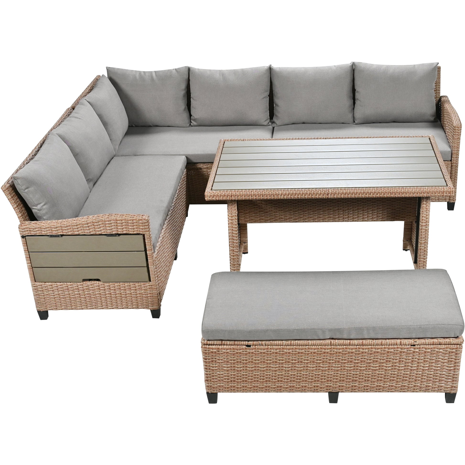 Tomax 5 Piece Outdoor Patio Rattan Sofa Set, Sectional Pe Wicker L Shaped Garden Furniture Set With 2 Extendable Side Tables, Dining Table And Washable Covers For Backyard, Poolside, Indoor, Brown